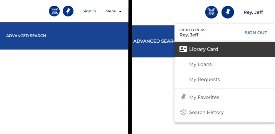 You can sign into the library catalog at the top right of site when first visiting.  
