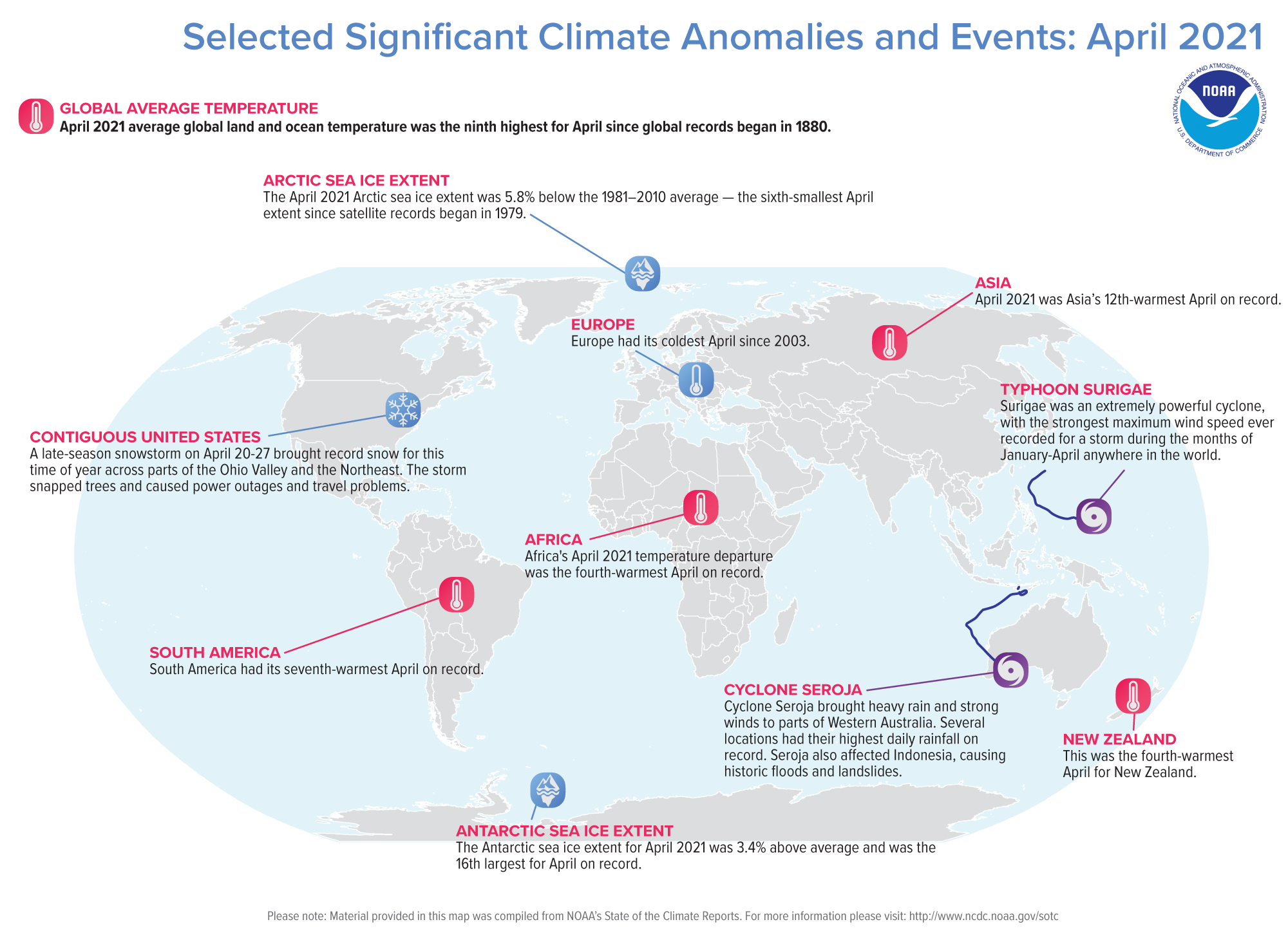 An annotated map of the world plotted with some of the most significant climate events that occurred during April 2021. Please see the story below as well as more details in the report summary from NOAA NCEI at http://bit.ly/Global202104.