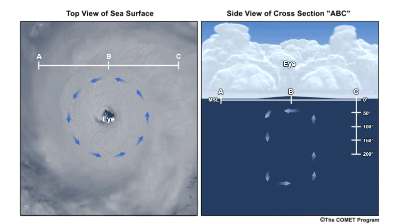This animation shows the movement of seawater as a hurricane passes over. As it approaches land, storm surge occurs when the water movement under the storm drives water onshore.