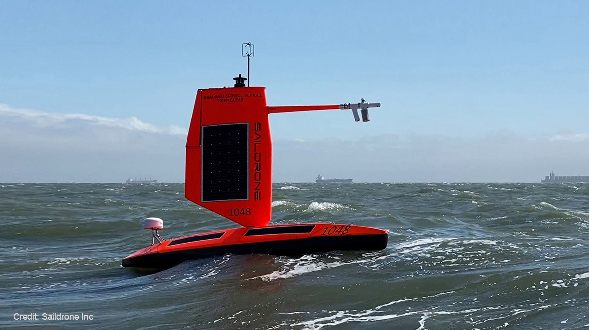 Saildrone out on the ocean that was designed for hurricane data collection.