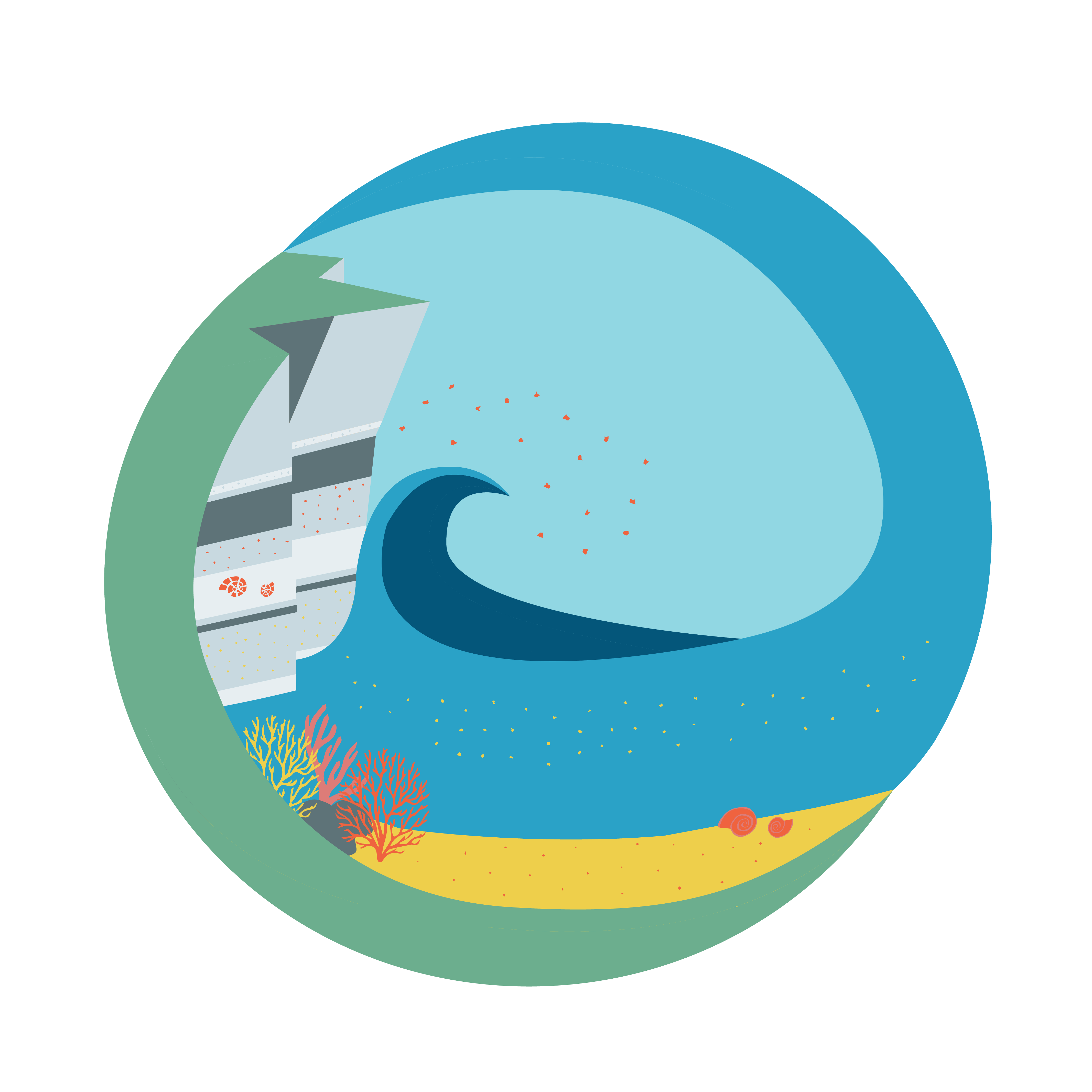 A graphic of an ocean wave hitting a coastal cliff. Fossils are depicted in the eroding cliff and sediment floats in the water.