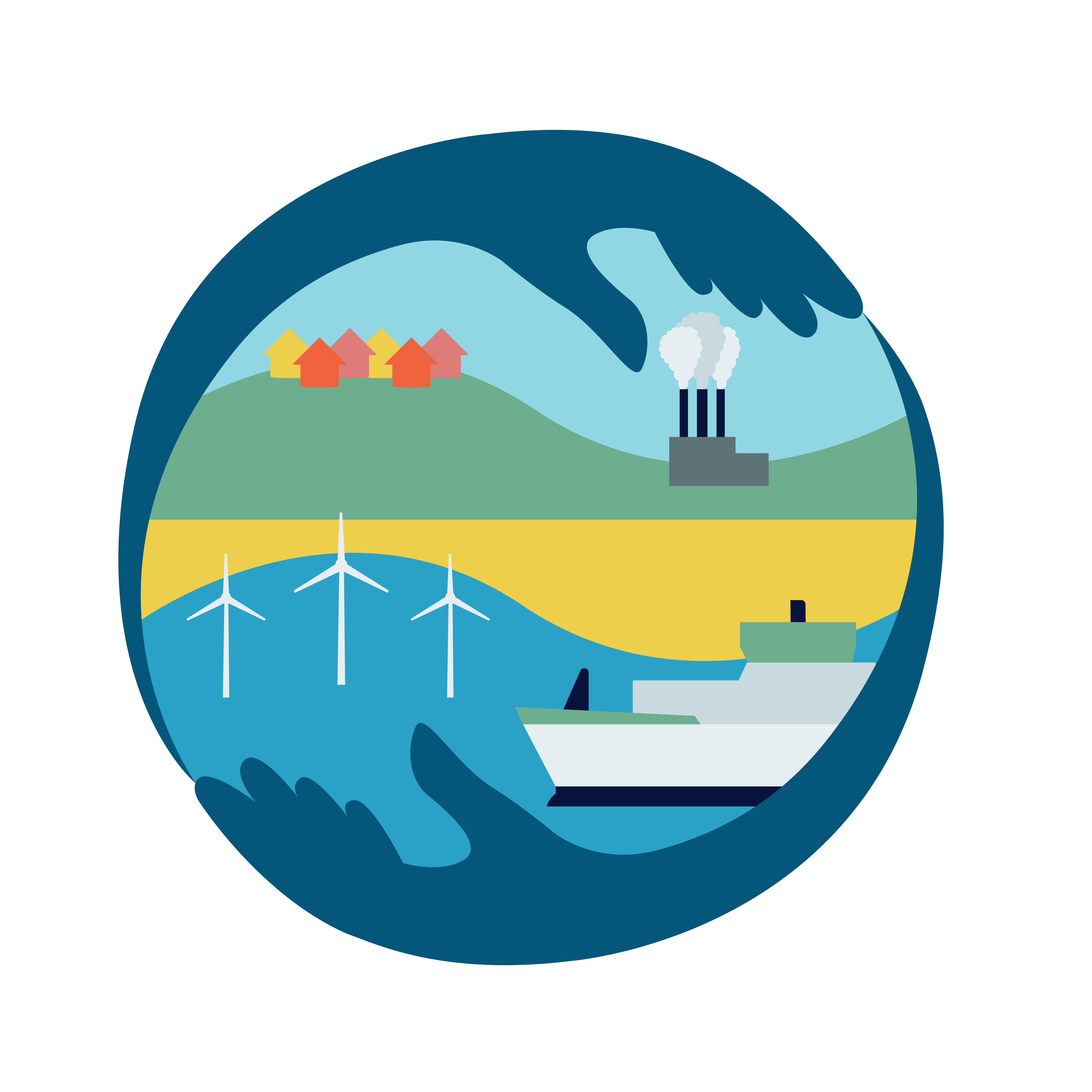 A graphic of land with houses and an industrial building on the water’s edge. In the water is a boat and offshore wind turbines. The graphic is surrounded by human hands encompassing the scene.