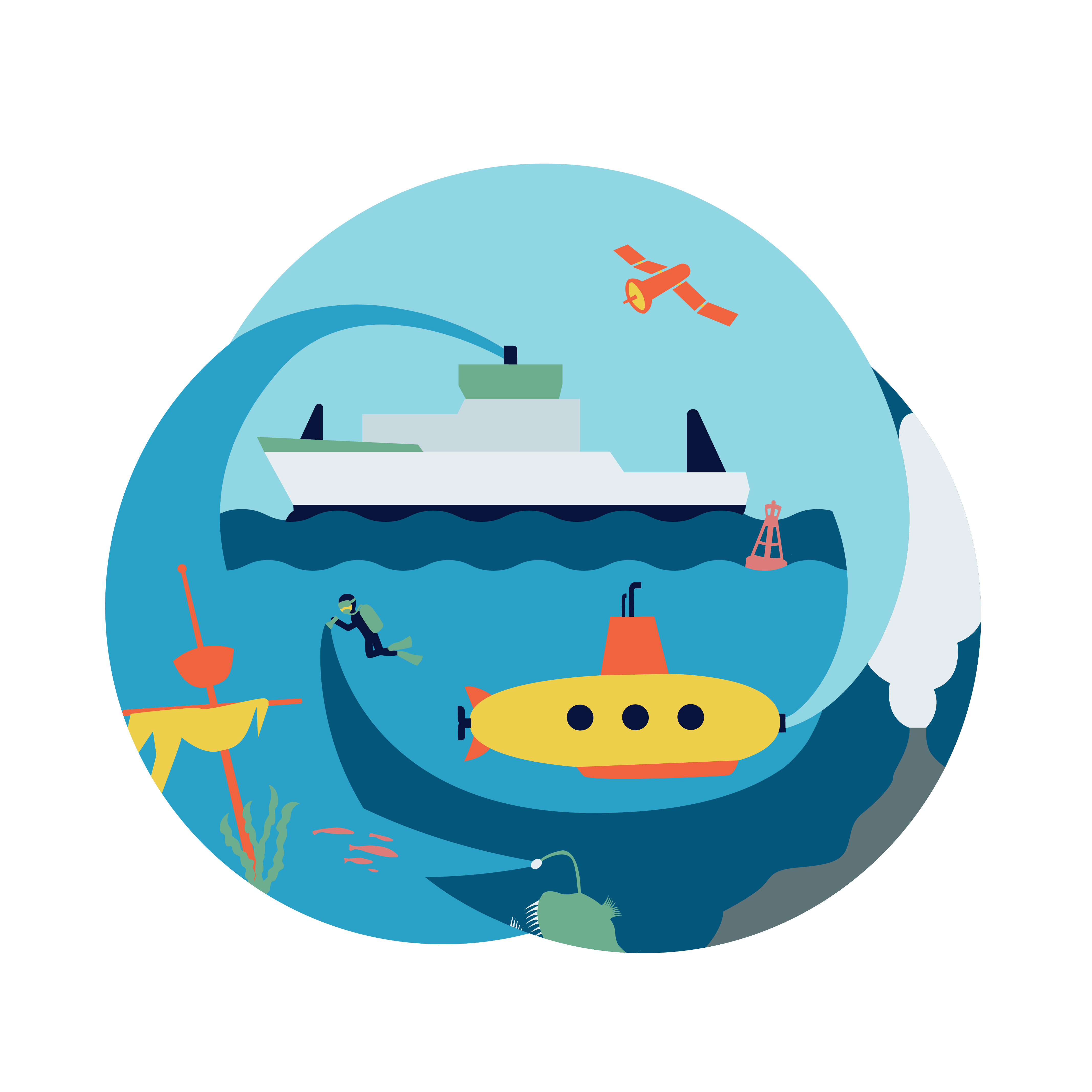 An underwater graphic of a diver searching the ocean with a flashlight, a submarine with a school of fish, a sunken ship, a deep sea angler fish, and a hydrothermal vent. At the surface of the ocean is a large research vessel and a buoy with a satellite in the sky.