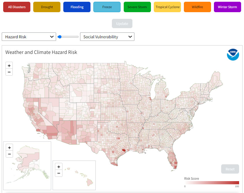 This screenshot of NOAA's&nbsp;county hazard risk map&nbsp;shows the combined county-level hazard risk for all seven billion-dollar weather and climate disaster types NOAA tracks (drought/heat waves, flooding, freeze/cold waves, severe storms, tropical cyclones, wildfires, and winter storms). Darker red represents higher risk, lighter red represents lower risk.