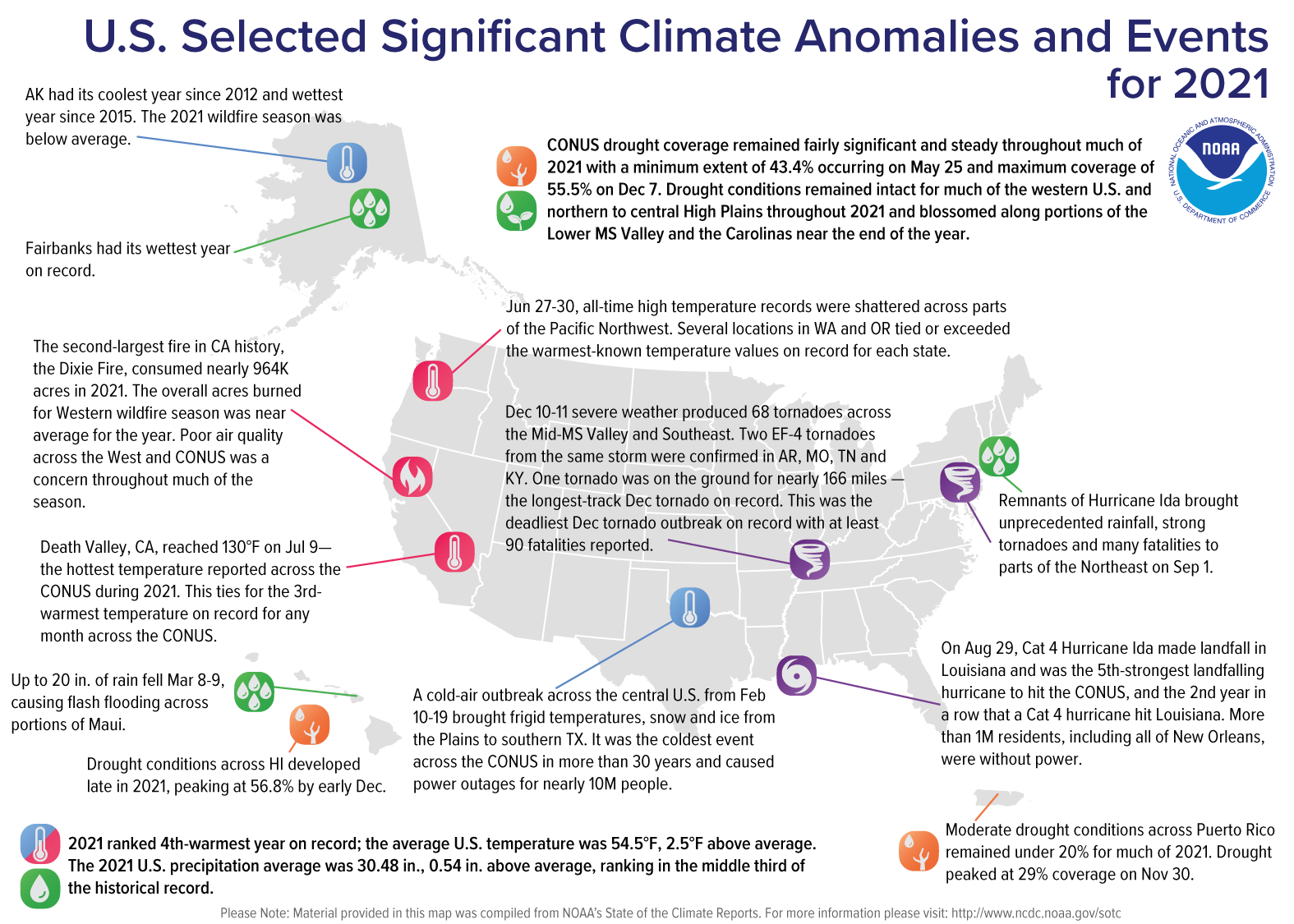 A map of the United States plotted with significant climate events that occurred throughout 2021.
