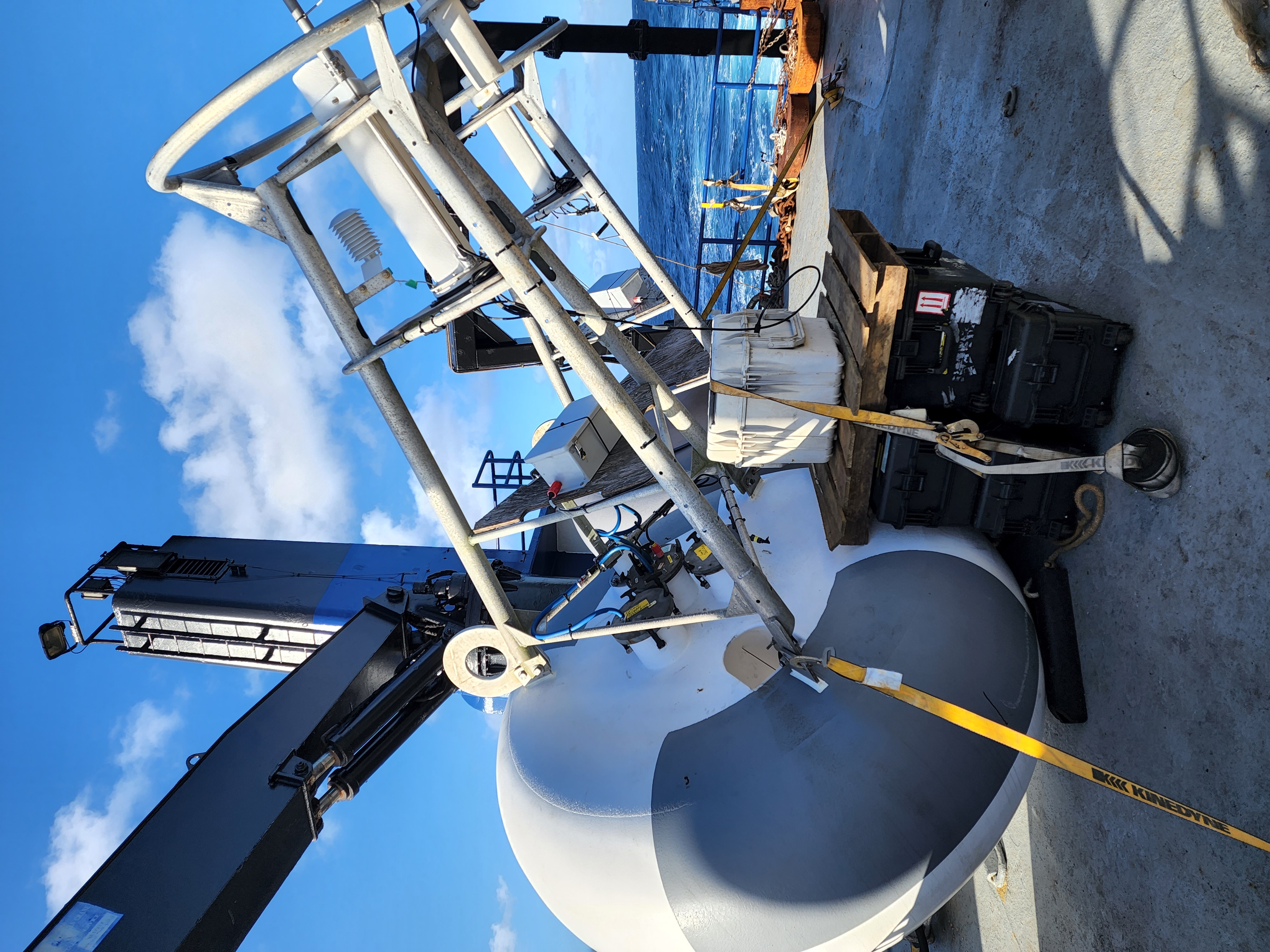 This is a brand new TAO buoy on deck before deployment. Moored ocean buoys collect wind speed and direction, wave height and movement, air pressure, air and water temperature, dew point and salinity. That data is transmitted in real-time each hour to NOAA’s GOES satellites and is made available on the National Data Buoy Center website. Buoy observations are also fed into computer models that National Weather Service meteorologists use to develop weather and climate forecasts. 