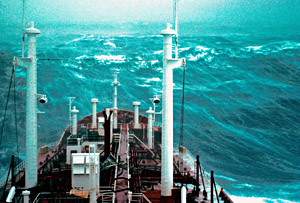 Going into the trough of a wave.