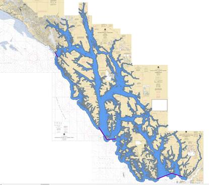 Waters of the Alexander Archipelago waters are shaded blue on the map and the five geodesic lines referenced in the statutory text are drawn in purple