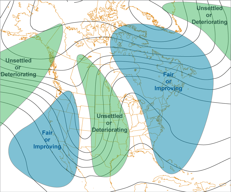 Where weather occurs related to troughs and ridges.