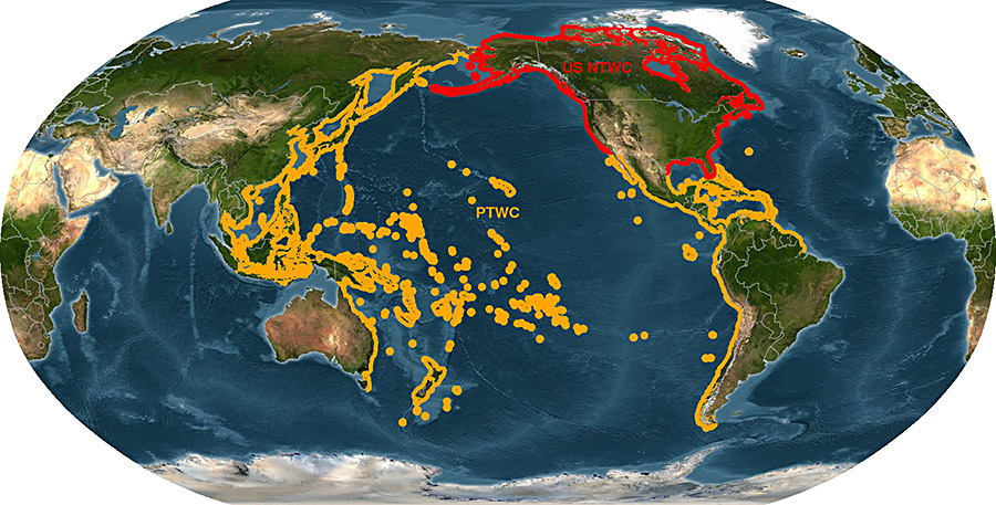 Coverage areas for the U.S. tsunami warning centers