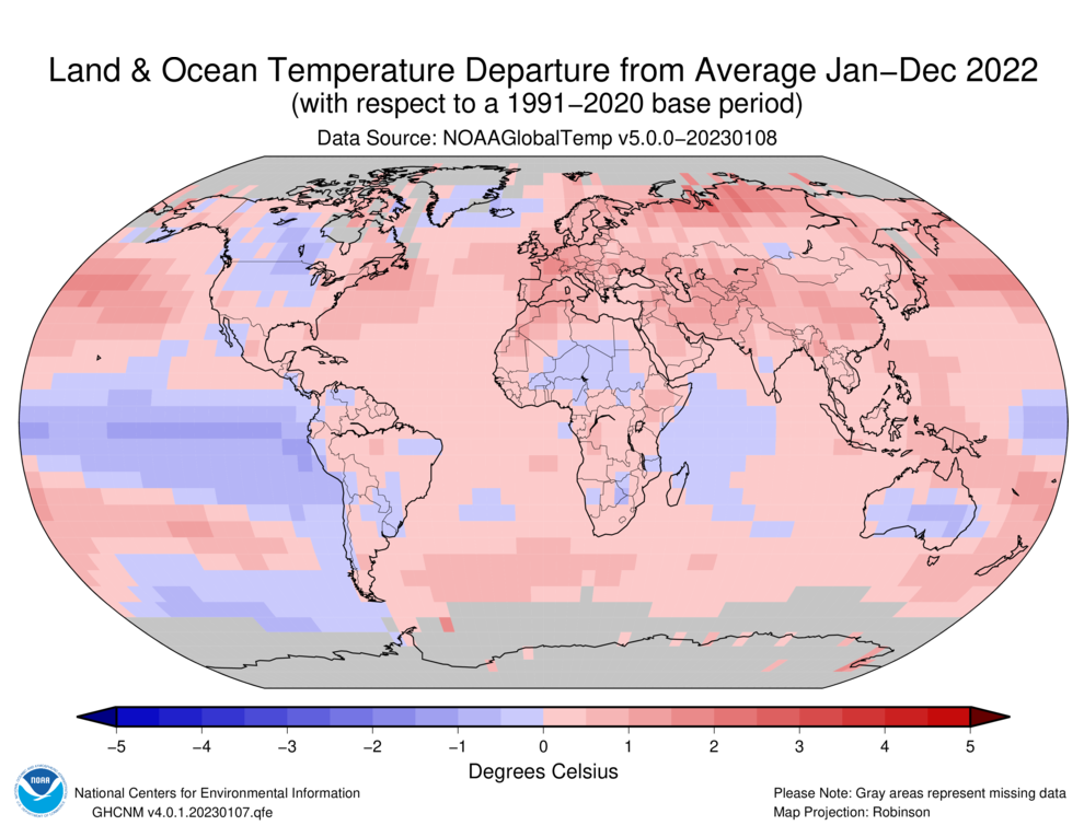 A world map plotted with color blocks depicting percentiles of global average land and ocean temperatures for the full year 2022.