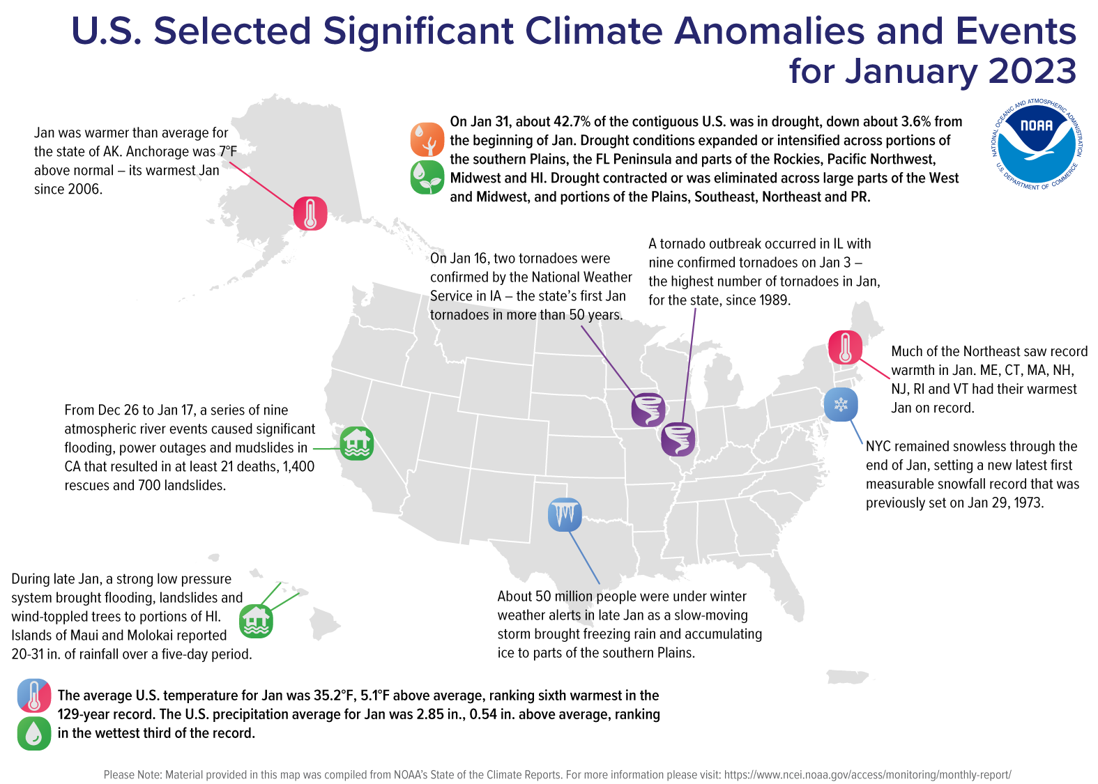 A map of the world plotted with some of the most significant climate events that occurred during January 2023.