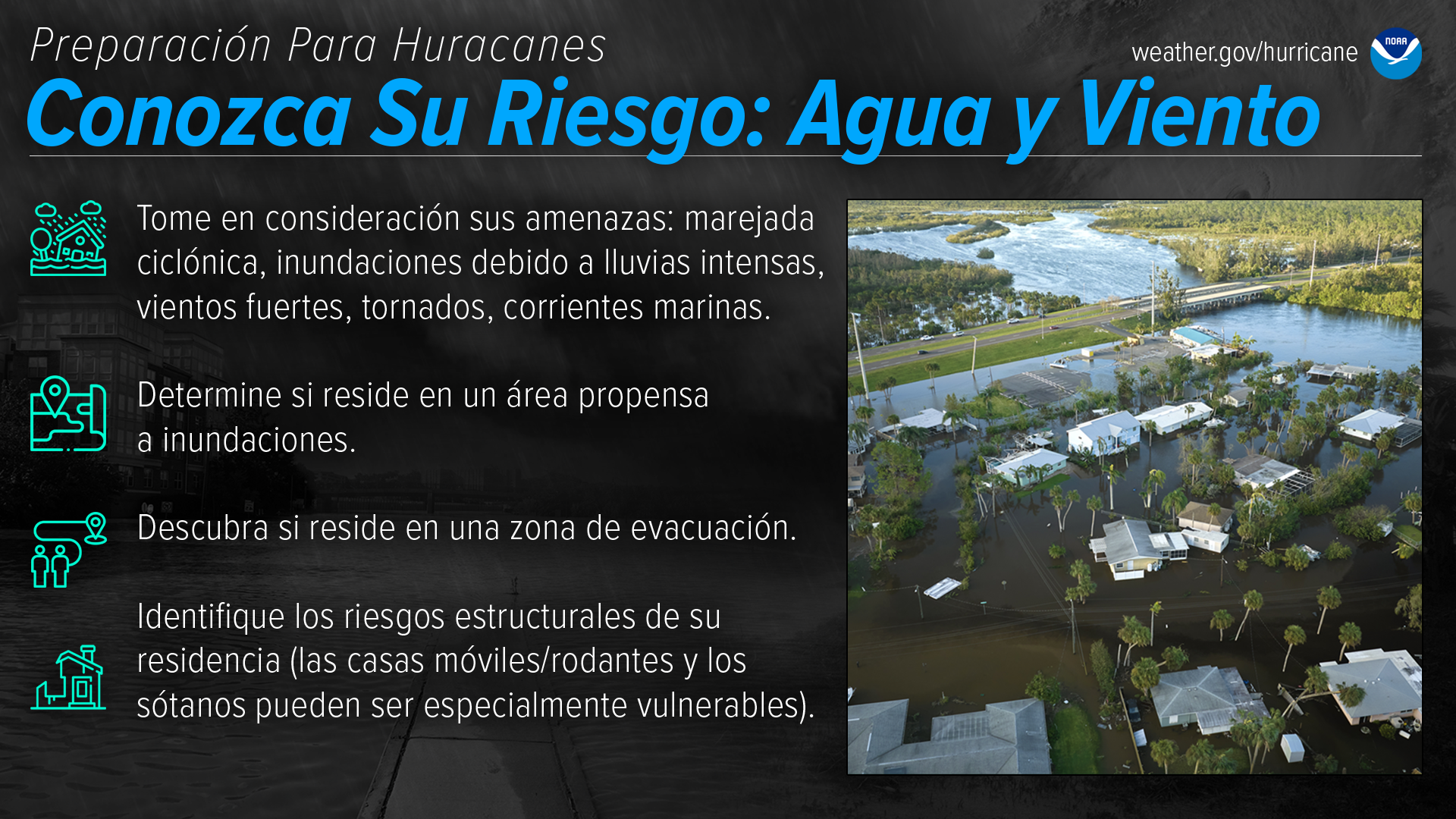 Preparación Para Huracanes Conozca Su Riesgo: Agua y Viento Tome en consideración sus amenazas: marejada ciclónica, inundaciones debido a lluvias intensas, vientos fuertes, tornados, corrientes marinas. Determine si reside en un área propensa a inundaciones. Descubra si reside en una zona de evacuación.  Identifique los riesgos estructurales de su residencia (las casas móviles/rodantes y los sótanos pueden ser especialmente vulnerables). 