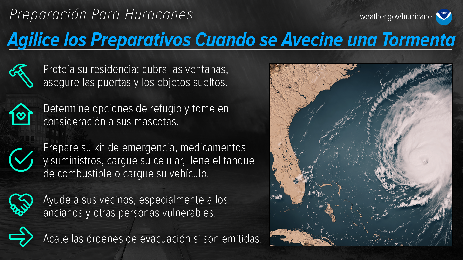 Preparación Para Huracanes Agilice los Preparativos Cuando se Avecine una Tormenta Proteja su residencia: cubra las ventanas, asegure las puertas y los objetos sueltos. Determine opciones de refugio y tome en consideración a sus mascotas. Prepare su kit de emergencia, medicamentos y suministros, cargue su celular, llene el tanque de combustible o cargue su vehículo. Ayude a sus vecinos, especialmente a los ancianos y otras personas vulnerables. Acate las órdenes de evacuación si son emitidas.