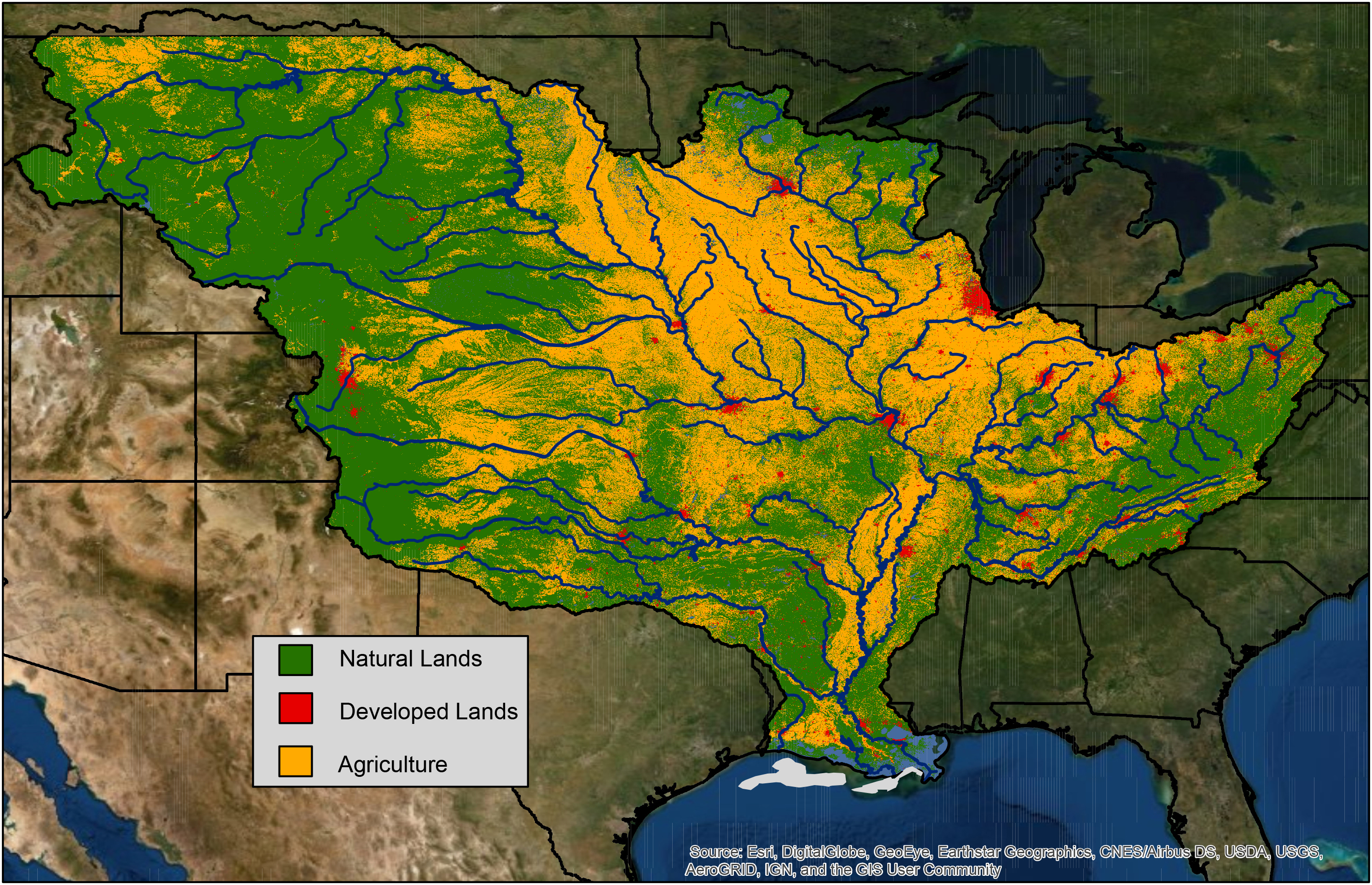 The Mississippi River watershed, which encompasses over 40% of the continental U.S and crosses 22 state boundaries, is made up of farms (yellow), cities (red), and natural lands (green). Nitrogen and phosphorus pollution in runoff and discharges from agricultural and urban areas are the major contributors to the annual summer hypoxic dead zone in the Gulf of Mexico (gray).&nbsp;