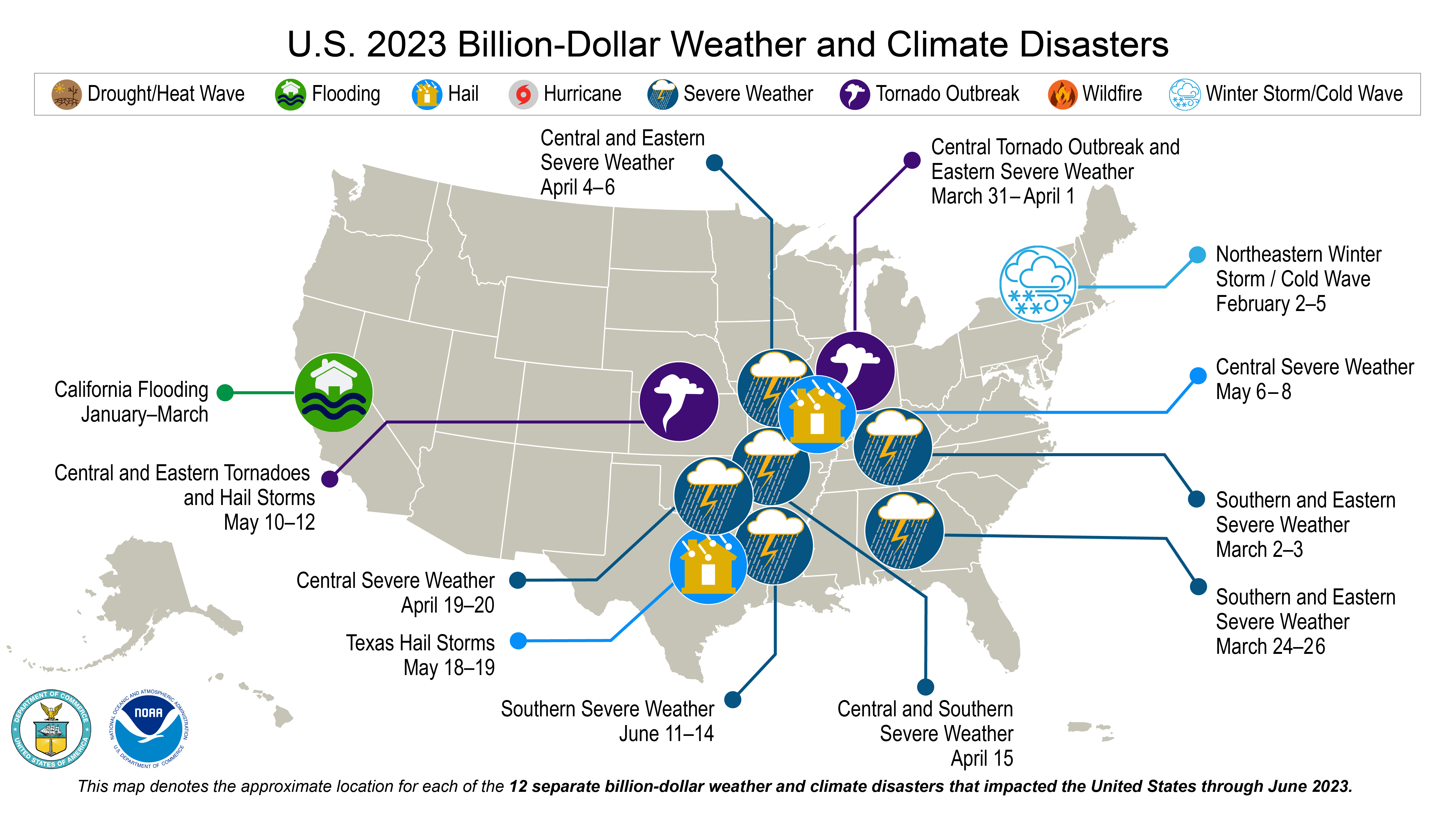 This U.S. map is plotted with 12 separate billion-dollar weather and climate disasters that occurred in the first six months of 2023. For details, please visit&nbsp;ncdc.noaa.gov/billions.&nbsp;