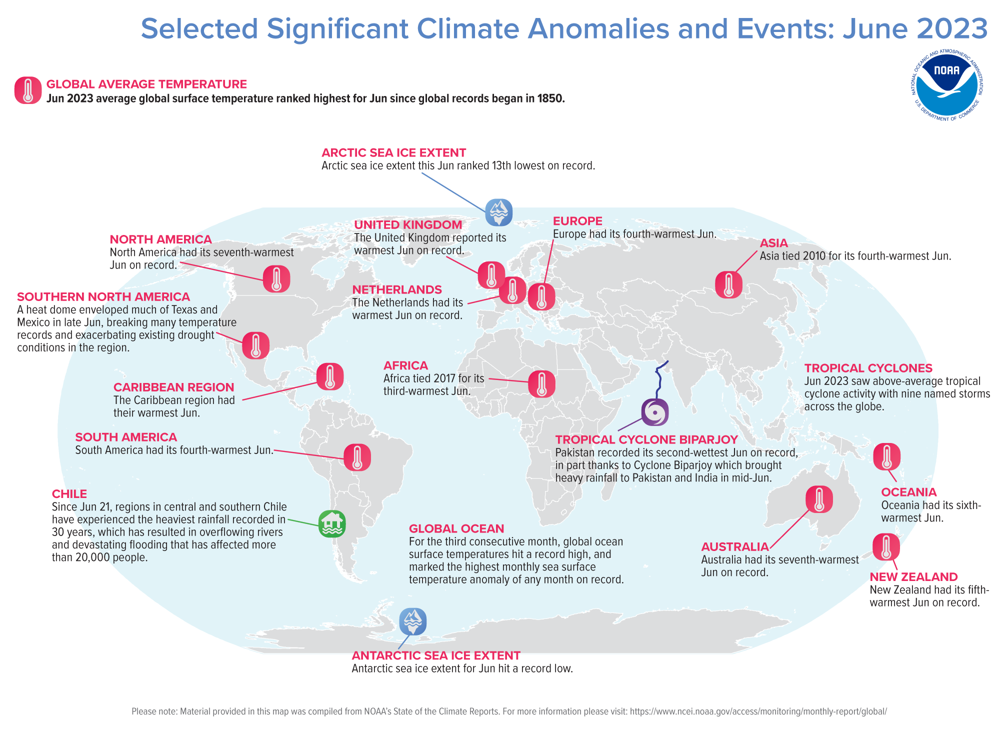 A map of the world plotted with some of the most significant climate events that occurred during June 2023. Please see the story below as well as more details in the report summary from NOAA NCEI at&nbsp; http://bit.ly/Global202306.