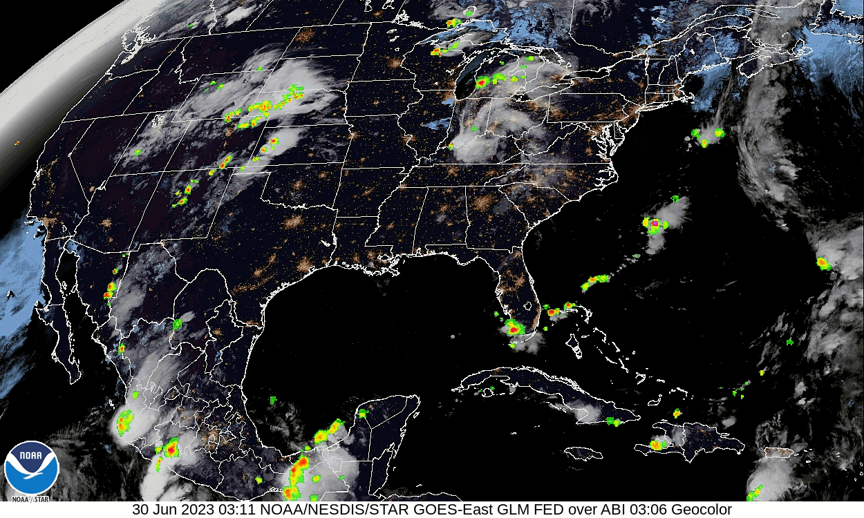 NOAA’s GOES-East GLM Flash Extent Density Product and visible satellite. The brighter colors (yellow and red) mean increased lightning activity, which you can see off the East Coast and across the Central Plains in this animation.