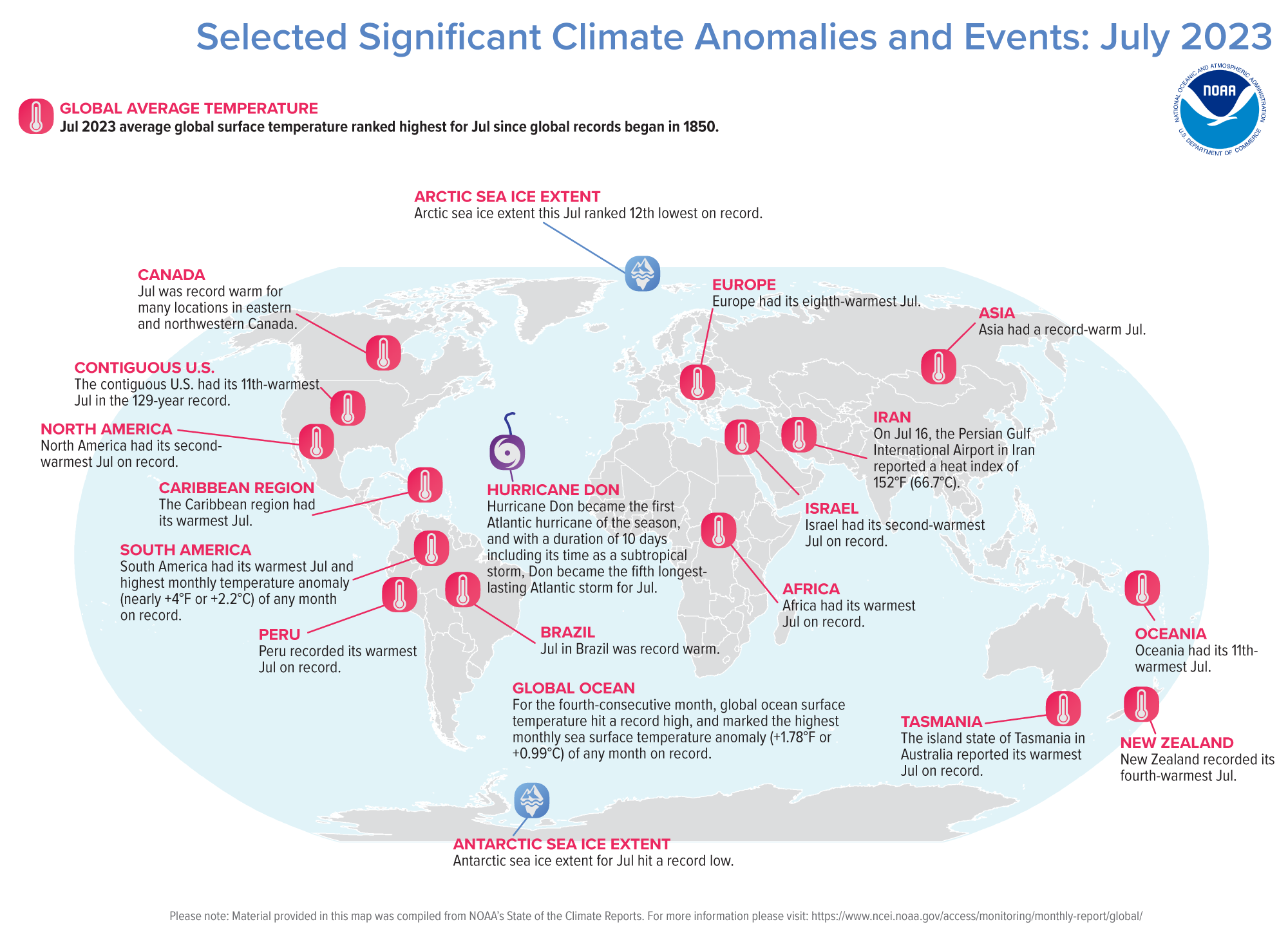 A map of the world plotted with some of the most significant climate events that occurred during July 2023. Please see the story below as well as more details in the report summary from NOAA NCEI at&nbsp;http://bit.ly/Global202307.