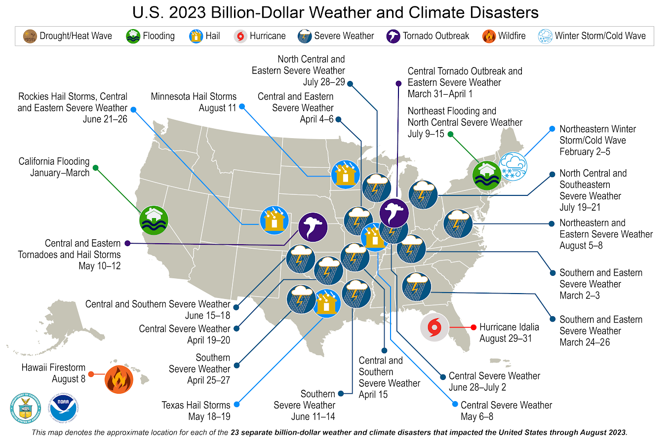 A map of the U.S. plotted with 23 weather and climate disasters each costing $1 billion or more that occurred between January and August, 2023.