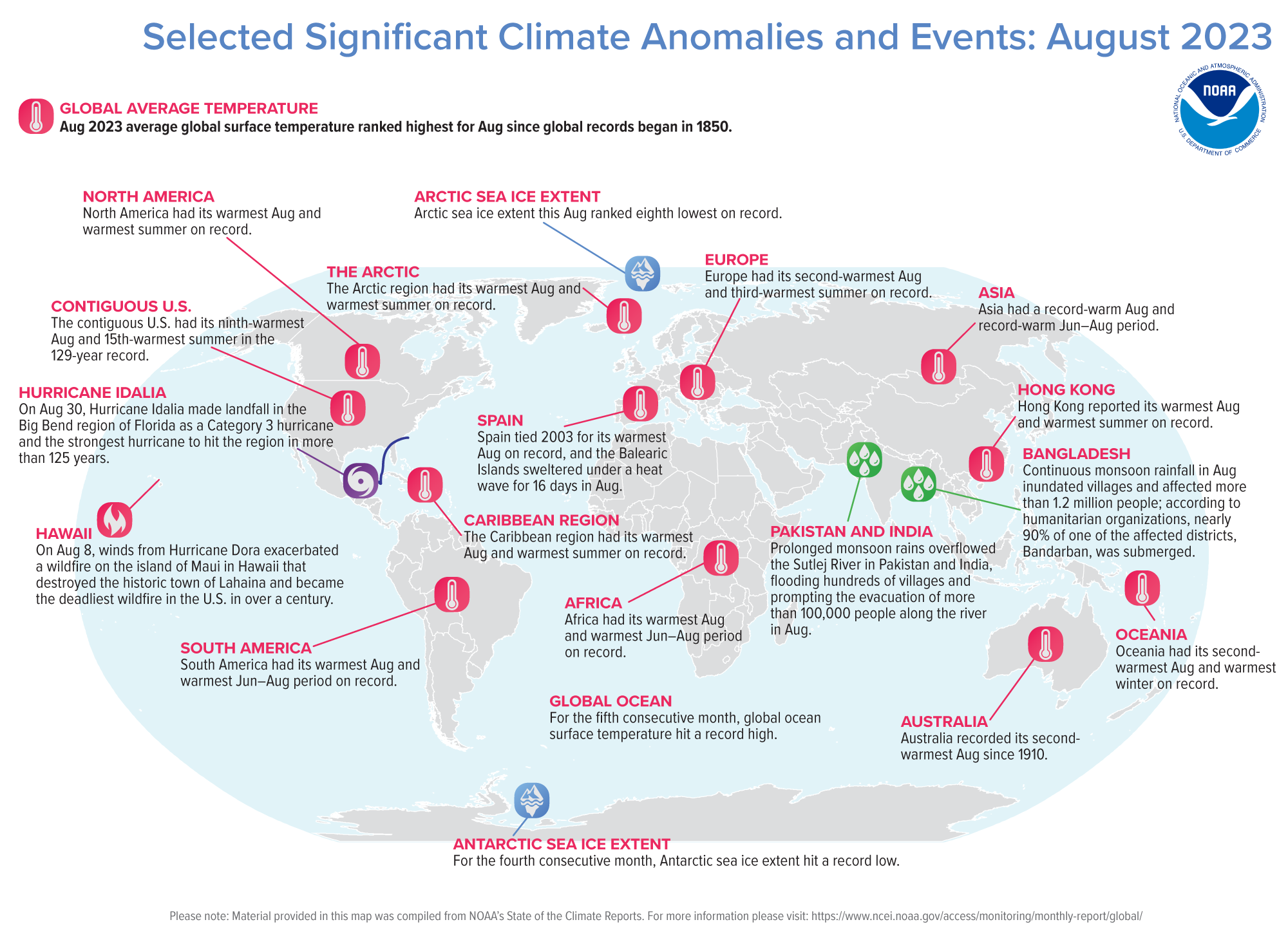 A map of the world plotted with some of the most significant climate events that occurred during August 2023. Please see the story below as well as more details in the report summary from NOAA NCEI at&nbsp; http://bit.ly/Global202308.&nbsp;