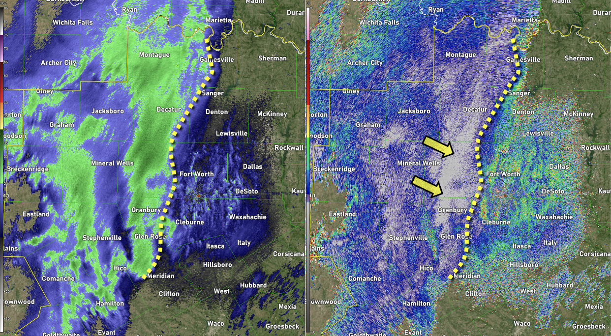 (Left): Base Reflectivity (Z) from an area of light precipitation occurring across North Texas on February 14, 2021. (Right): The corresponding Differential Reflectivity (ZDR) at the same time. 