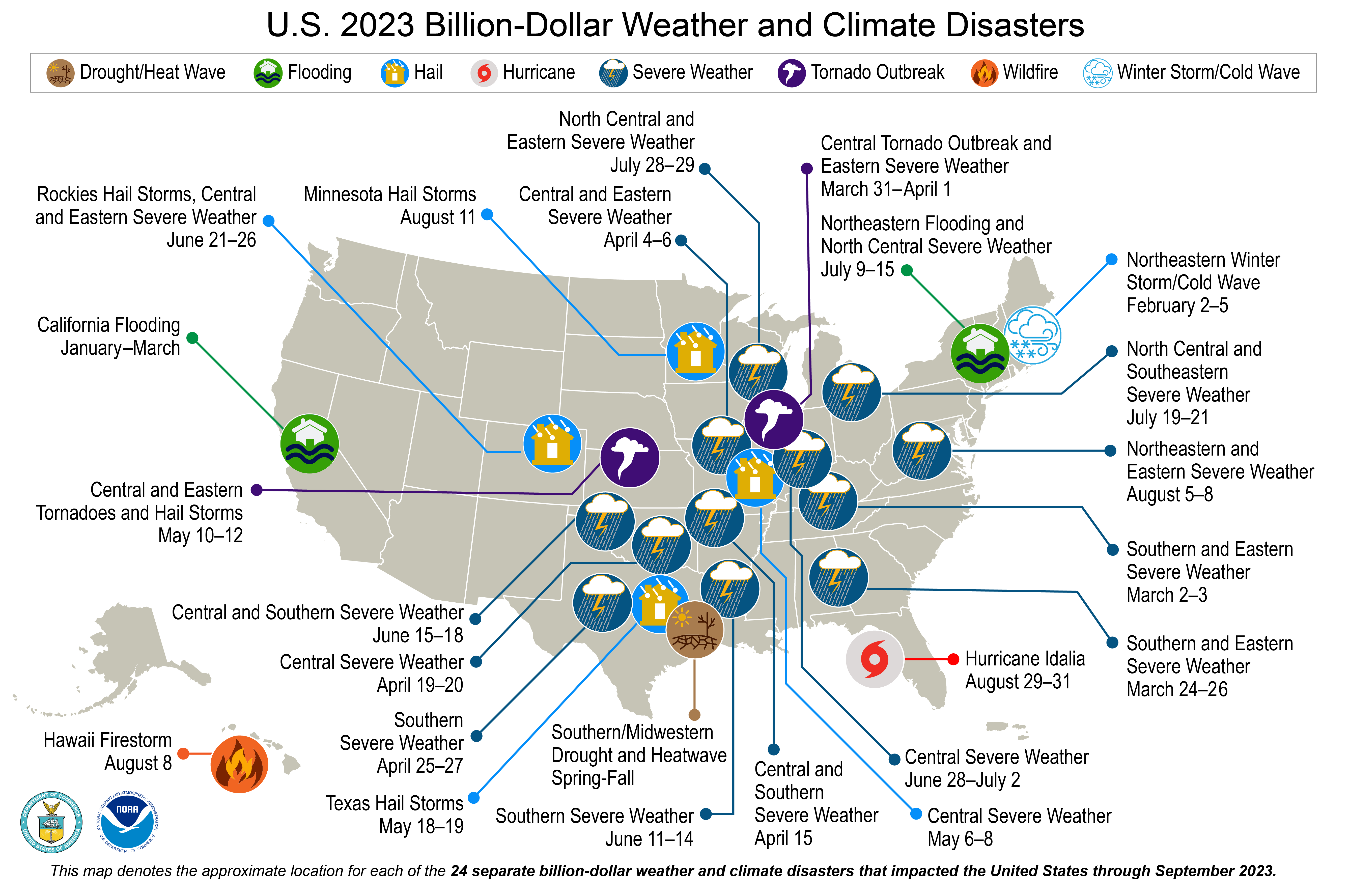 A map of the U.S. plotted with 24 weather and climate disasters each costing $1 billion or more that occurred between January and September, 2023.&nbsp;