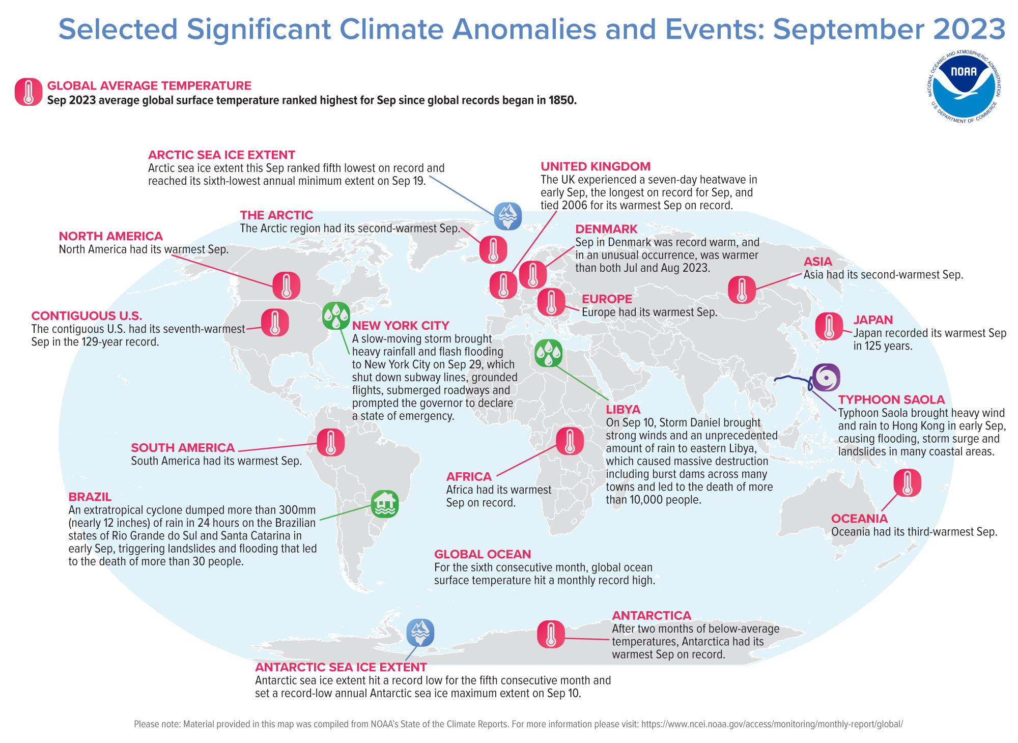A map of the world plotted with some of the most significant climate events that occurred during September 2023. Please see the story below as well as more details in the report summary from NOAA NCEI at&nbsp;http://bit.ly/Global202309.&nbsp;