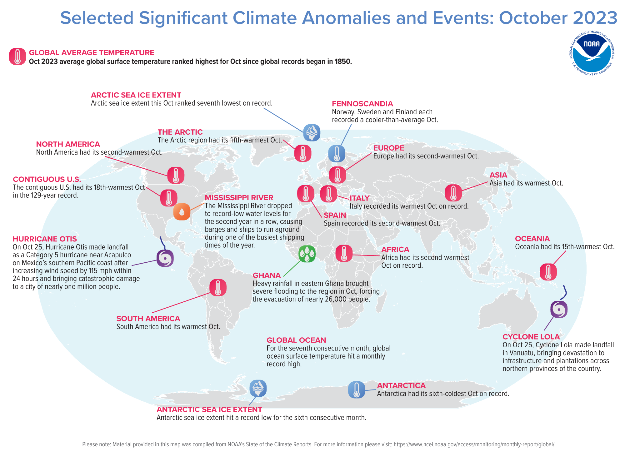 A map of the world plotted with some of the most significant climate events that occurred during October 2023. Please see the story below as well as more details in the report summary from NOAA NCEI at&nbsp;h http://bit.ly/Global202310.