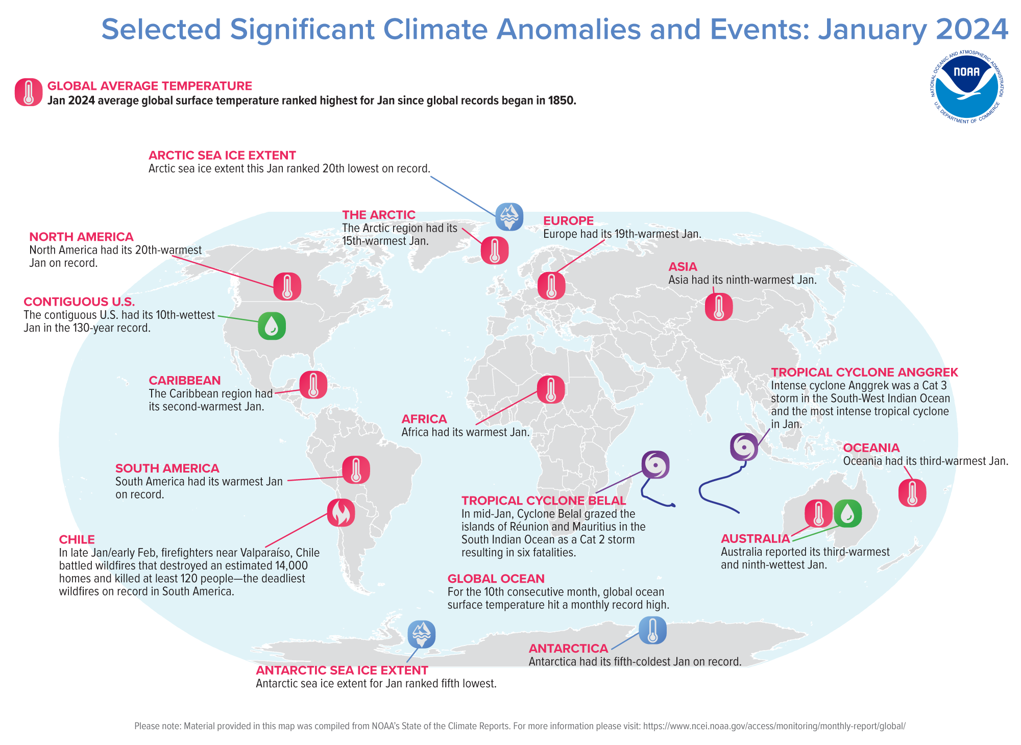 An annotated map of the world plotted with the January 2024's most significant climate events. Please see the story below as well as the report summary at&nbsp;http://bit.ly/Global202401.