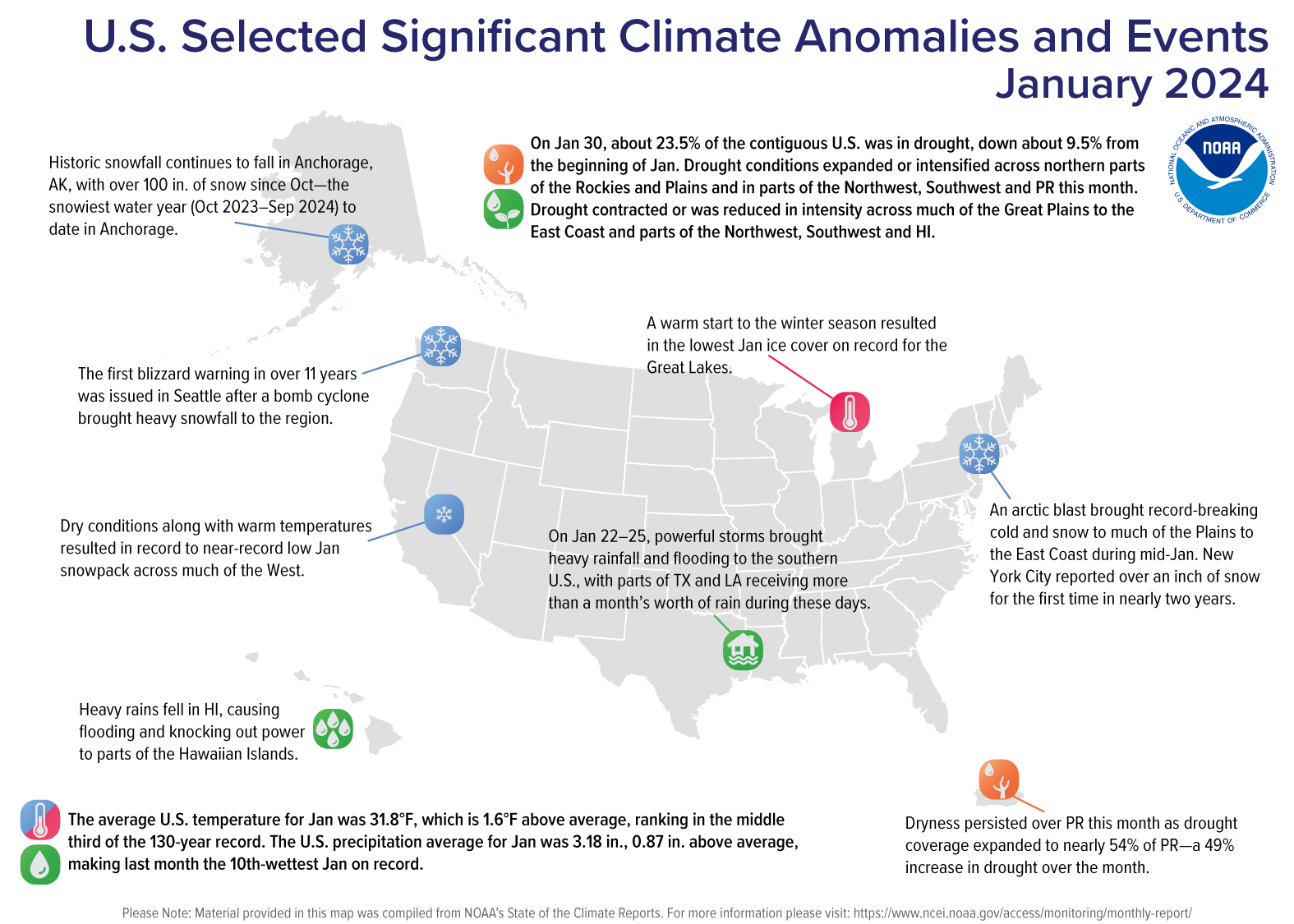 A map of the U.S. plotted with significant climate events that occurred during January 2024. Please see the story below as well as more details in the report summary from NOAA NCEI at&nbsp;http://bit.ly/USClimate202401.