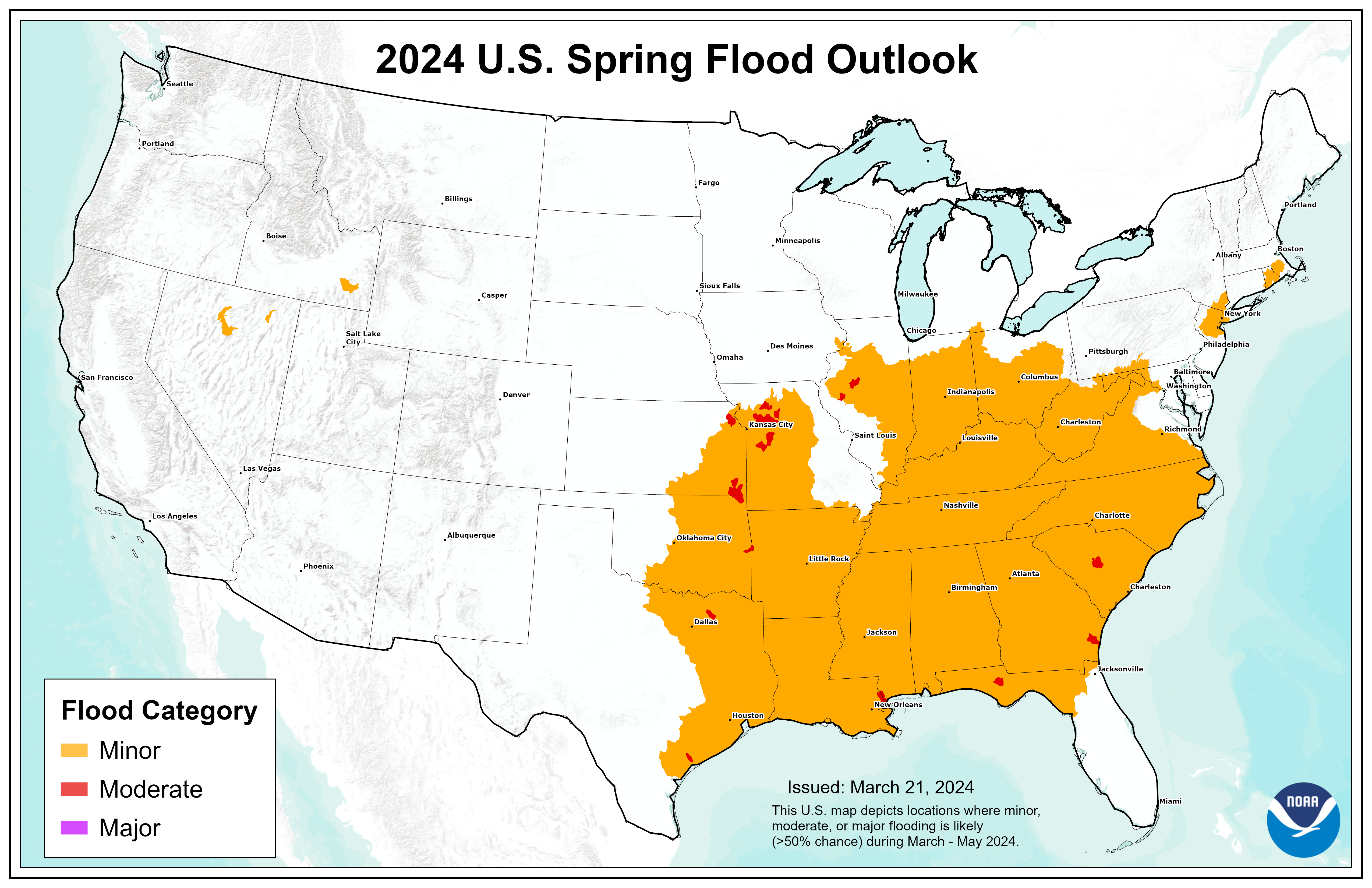 This map depicts the locations where there is a greater than 50% chance of minor to major flooding during April through June, 2024.&nbsp;