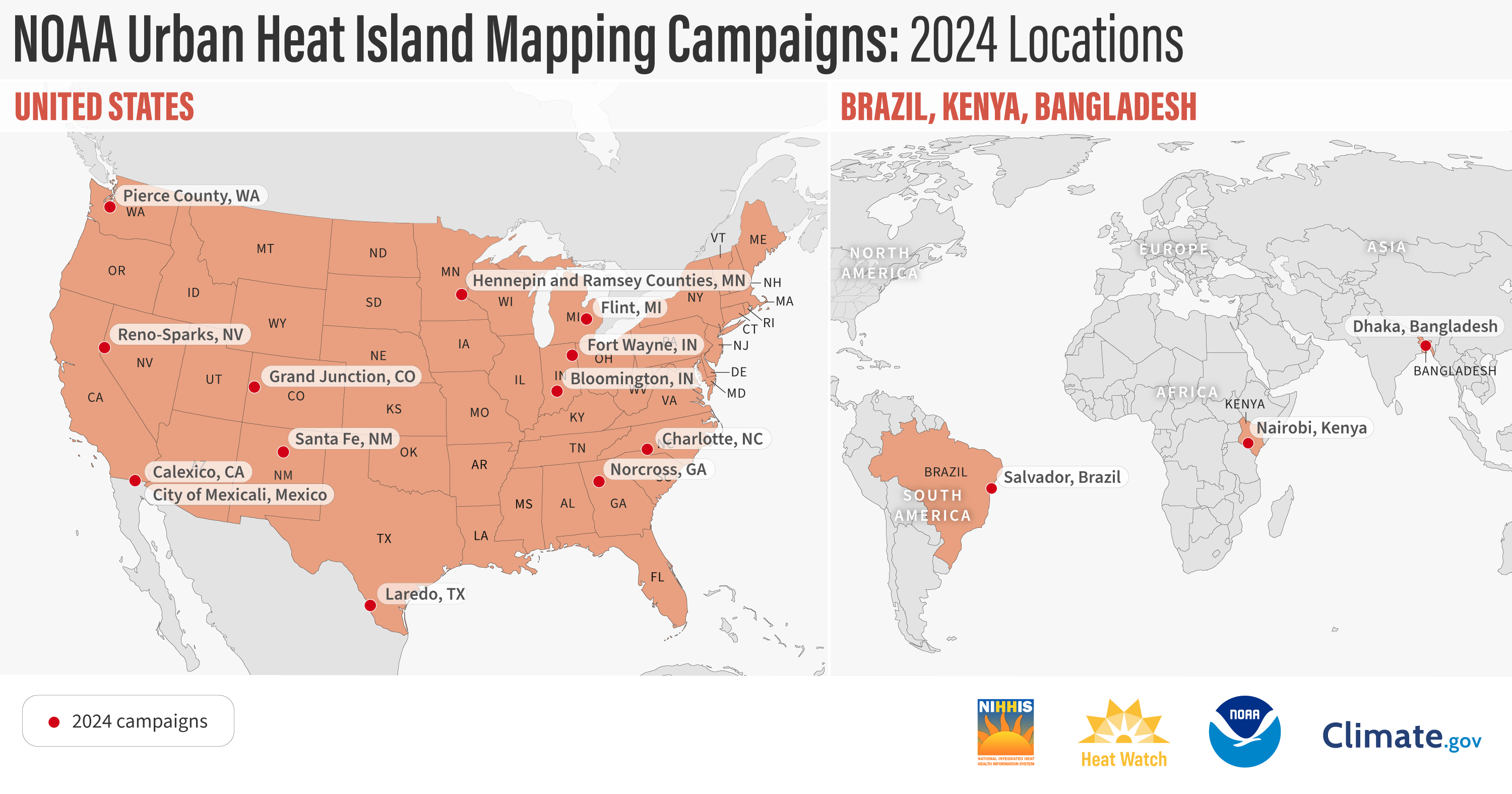 Map showing NOAA, federal and local partners will work with community scientists to map urban heat islands in 14 U.S. communities this summer and in four international cities. Since 2017, NOAA and its science partner, CAPA Strategies, have worked with more than 70 communities to create heat island maps that can be used to inform cooling strategies. 