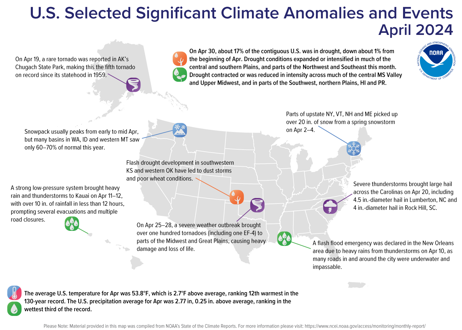 A map of the U.S. plotted with significant climate events that occurred during April 2024. Please see the story below as well as more details in the report summary from NOAA NCEI at&nbsp; http://bit.ly/USClimate202404.