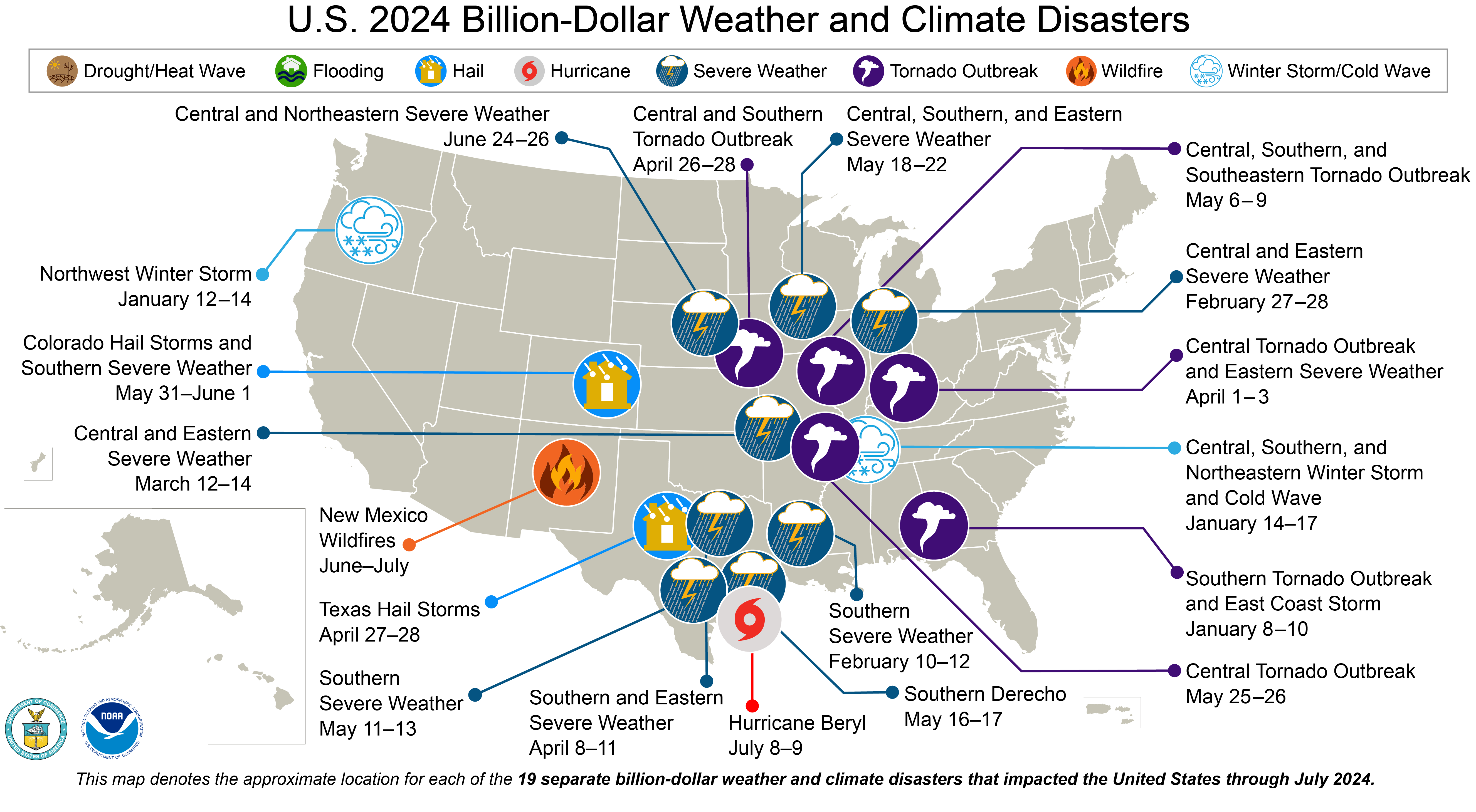 A map of the U.S. plotted with 19 weather and climate disasters each costing $1 billion or more that occurred between January and July, 2024.