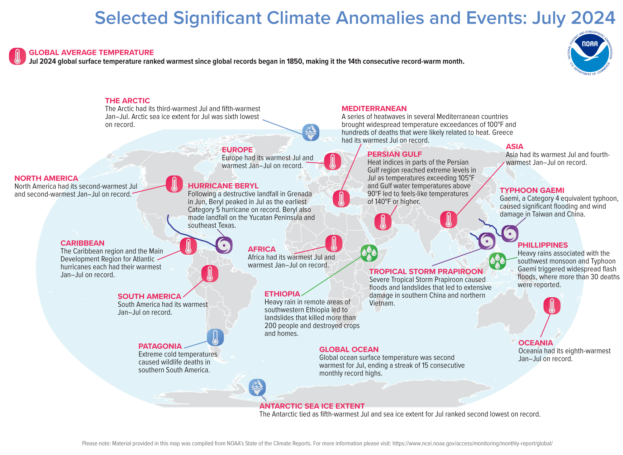 An annotated map of the world plotted with the most significant climate events of July 2024. See the story below as well as the report summary from NOAA NCEI at&nbsp;http://bit.ly/Global202407.