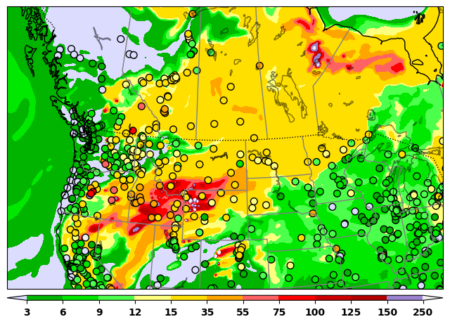 AQM v7 prediction of PM2.5 concentration (unit: μg/m^3) overlaid with USEPA observations (colored circles) across the Northwestern U.S. at 00Z UTC on July 30, 2024.
