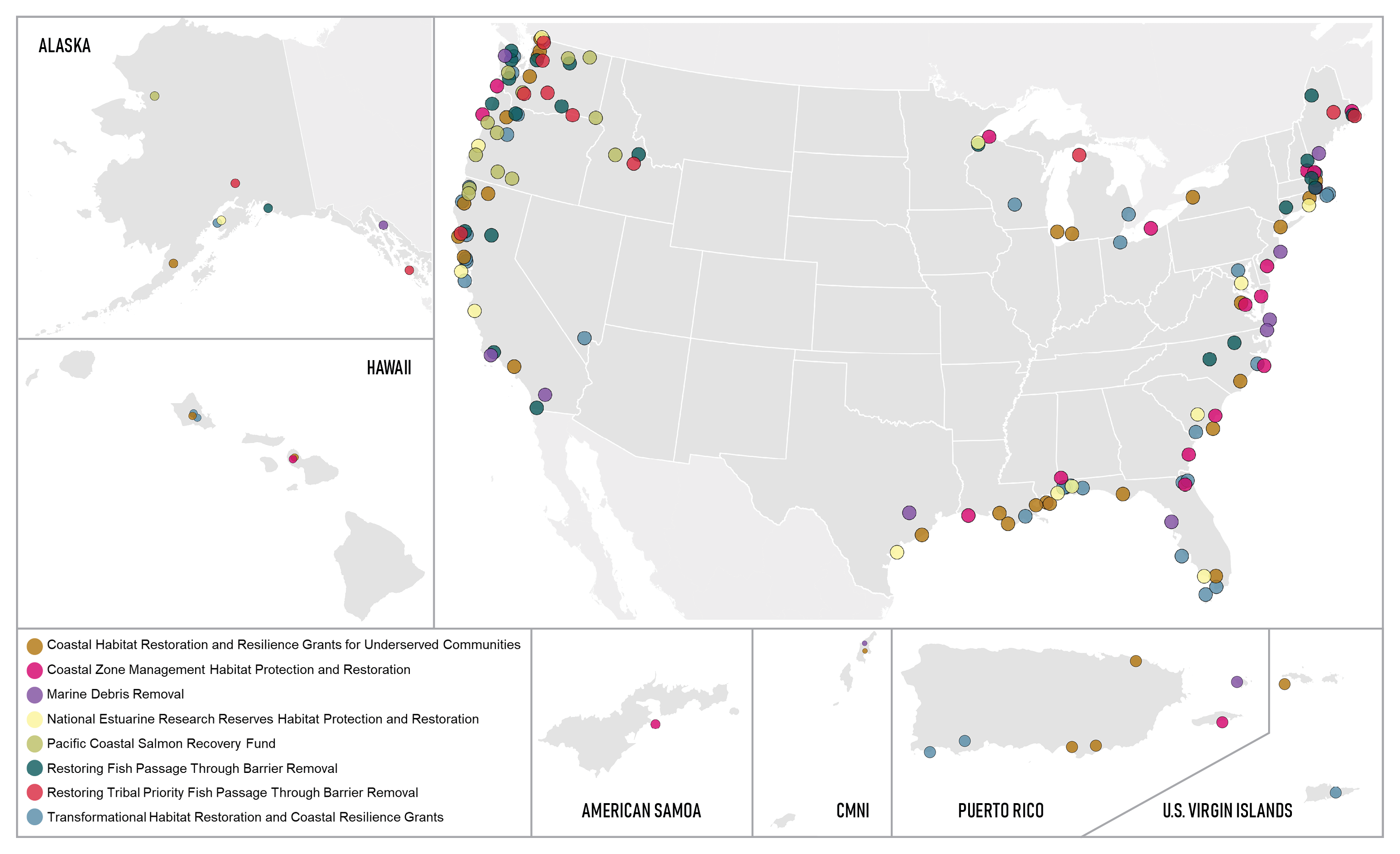 A map of the contiguous United States, Alaska, Hawai'i, American Samoa, the CNMI, Puerto Rico and the U.S. Virgin Islands with dots representing award locations. Awards are mostly located along the coasts.