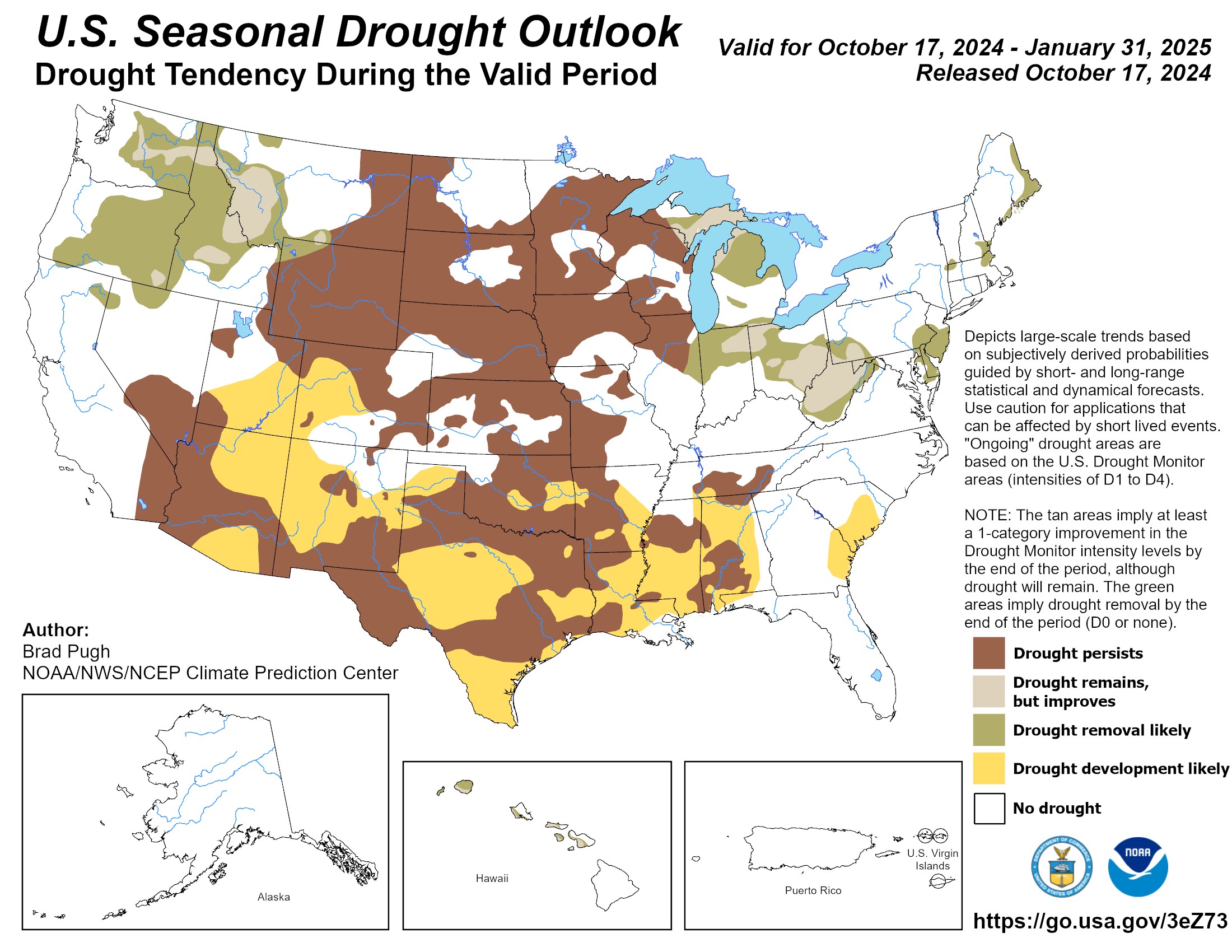Graphic of the U.S. Drought Outlook map for November 2024 through January 2025 that predicts drought improvement in the Ohio River Valley and the northern Rockies. Drought is likely to persist in portions of the Great Plains and the Midwest. Drought development is expected from the Four Corners region to the western Gulf coast. (Image credit: NOAA)