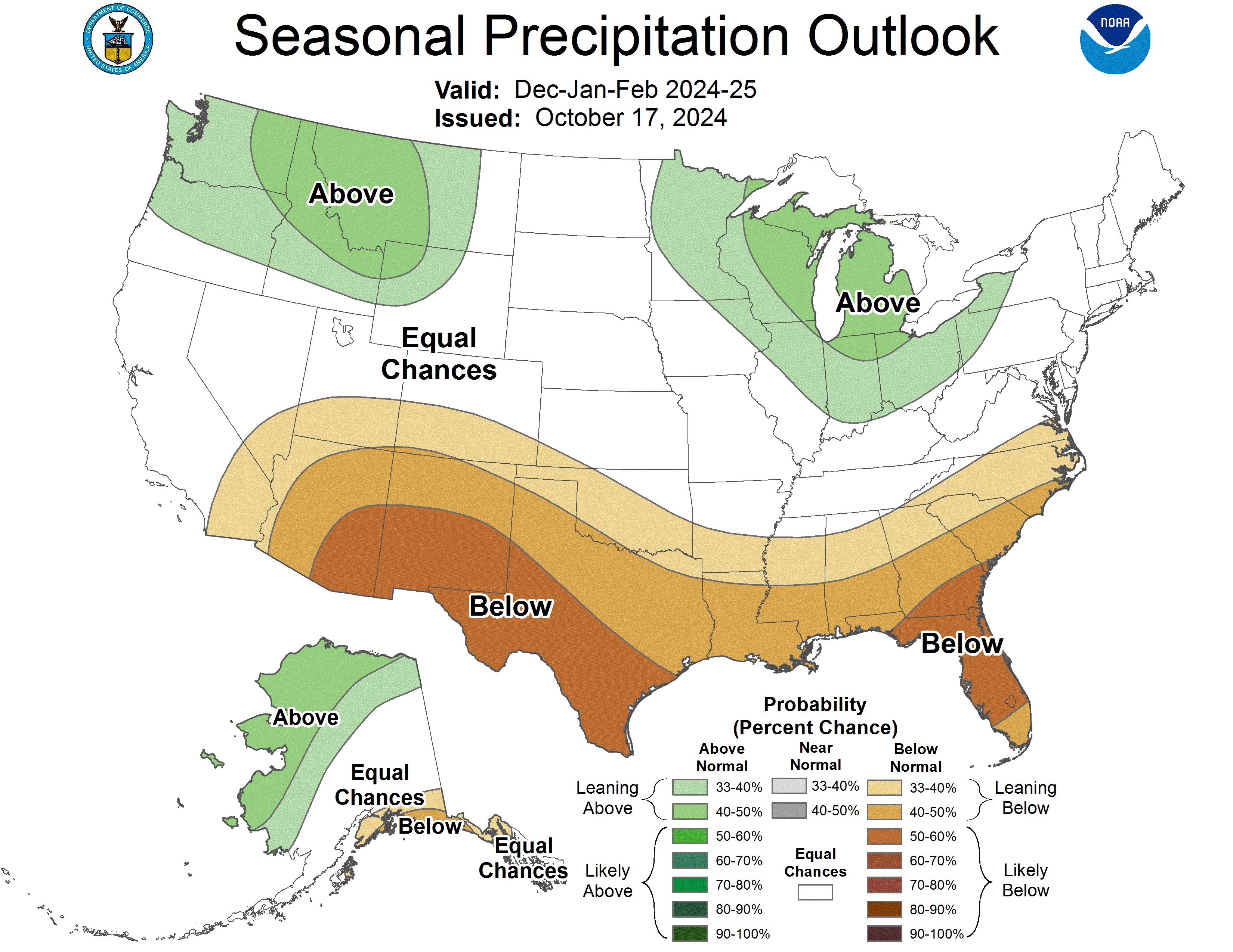 Graphic of the 2024-2025 U.S. Winter Outlook map for precipitation showing wetter-than-average conditions are most likely across the Great Lakes region of the U.S.. Drier-than-average conditions are forecast for parts of the U.S. Gulf Coast. (Credit: NOAA).