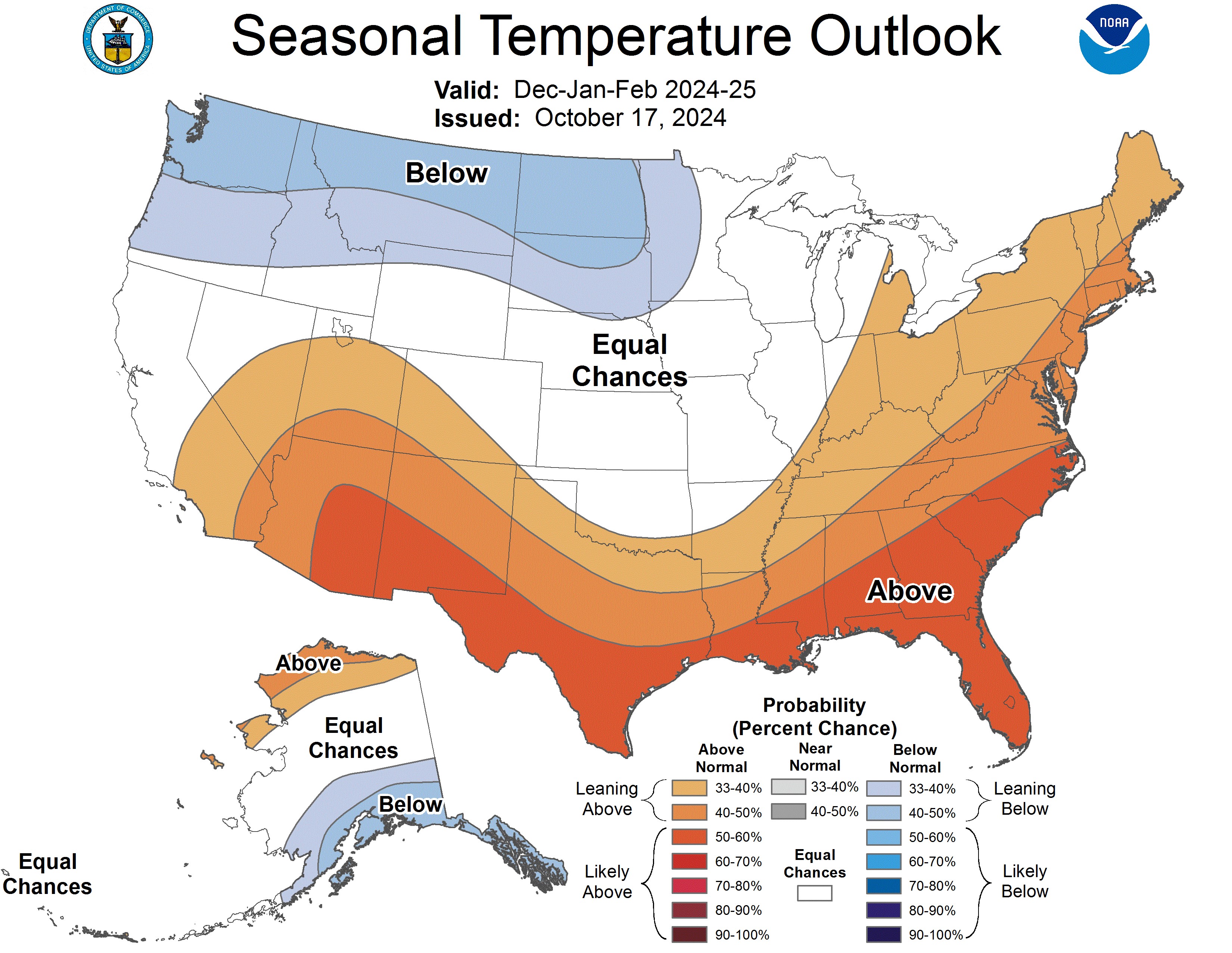Graphic of the 2024-2025 U.S. Winter Outlook map for temperature showing the greatest chances for cooler-than-average conditions in the Pacific Northwest of the U.S. (Credit: NOAA).