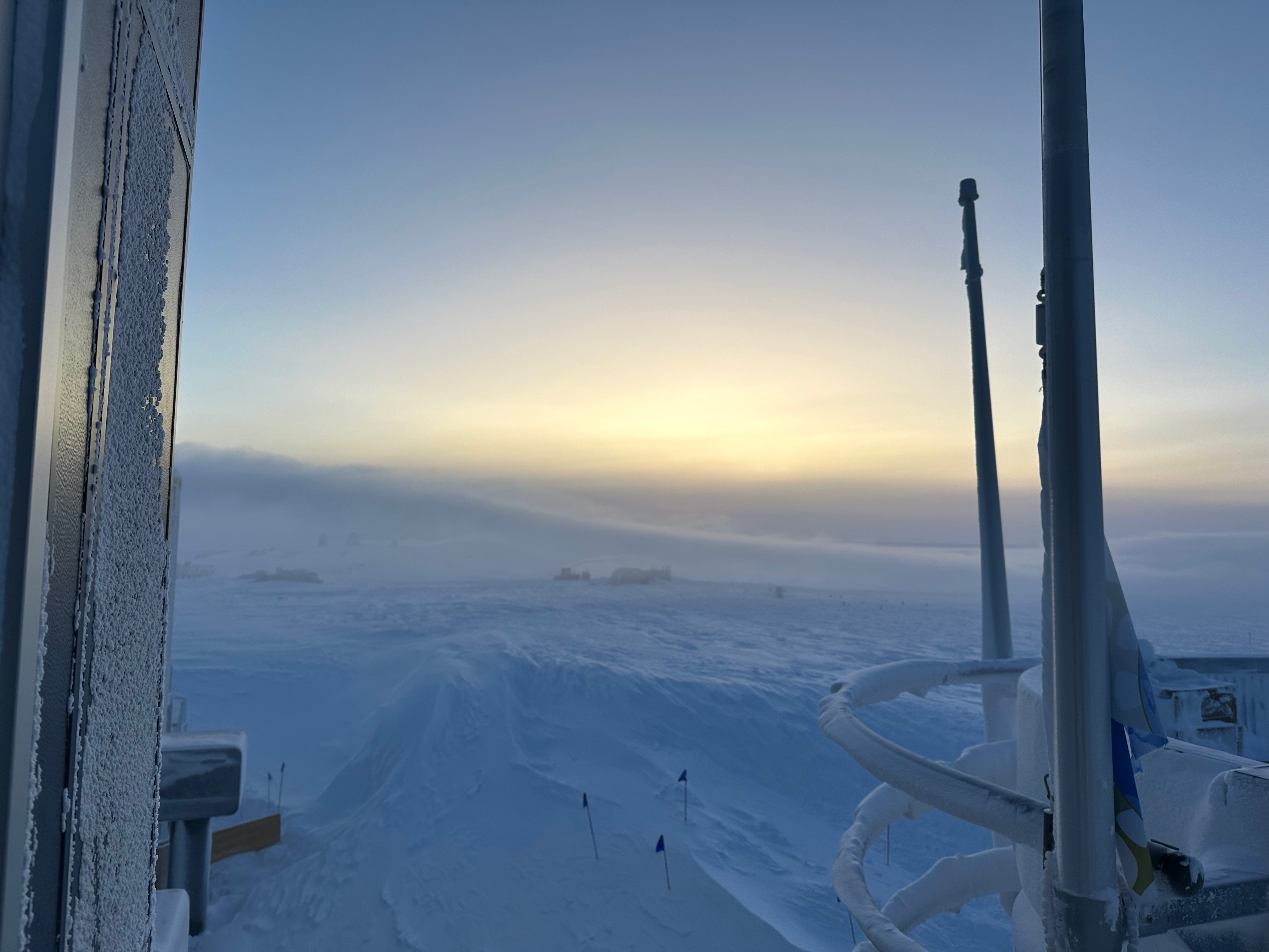 A soft glow on the horizon on the Amundsen-Scott South Pole Station observation deck on September 17, 2024.