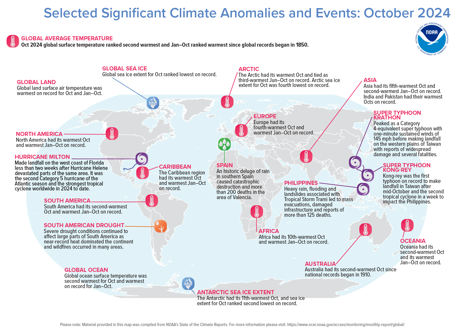 An annotated map of the world plotted with the most significant climate events of August 2024. See the story below as well as the report summary from NOAA NCEI at&nbsp;http://bit.ly/Global202410.