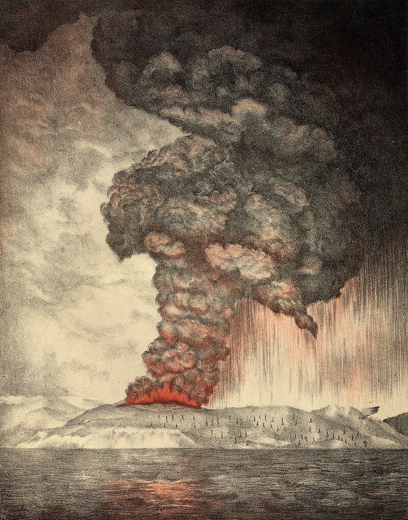 Image showing view of Krakatoa during the earlier stage of the eruption, from a photograph taken on Sunday, 27 May 1883, published in the Report of the Krakatoa Committee of the Royal Society.