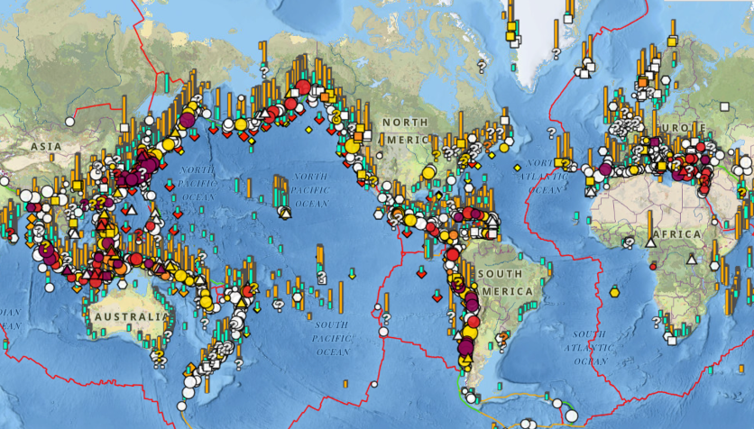 This map from NCEI’s Natural Hazards Viewer, shows the overwhelming number of datapoints that are useful when cataloging historic tsunami information. The map in this figure is displaying significant earthquakes (circles), tsunami events (color, size, and shape coded by tsunami generating source and number of fatalities if known),&nbsp; tsunami observations (shown by bars with heights associated with runup values), DART deployments (diamonds), and major plate boundaries (red lines).&nbsp;