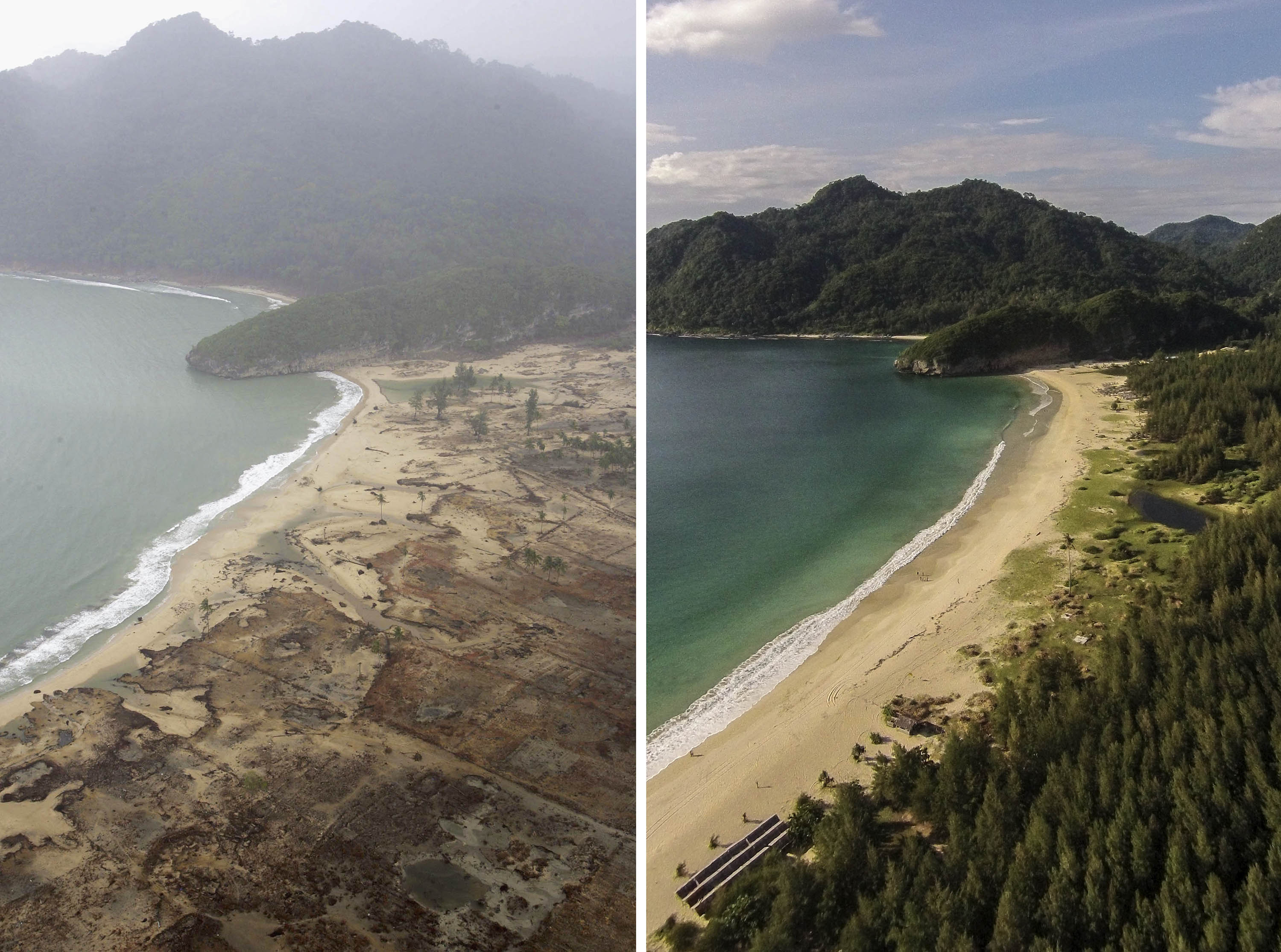 Indonesia 10 Years After Devastating Indian Ocean Tsunami (FILE PHOTO) In this composite image a comparison has been made between a scene in 2004 (LEFT) and 2014 (RIGHT) ***LEFT IMAGE*** ACEH, INDONESIA - JANUARY 8, 2005: An aerial shot taken from a US Navy Seahawk helicopter from carrier USS Abraham Lincoln shows devastation caused by the Indian Ocean tsunami to the west of Aceh on January 8, 2005 in Banda Aceh, Indonesia. Indonesia, Thailand and Sri Lanka are the countries most affected by the December 26