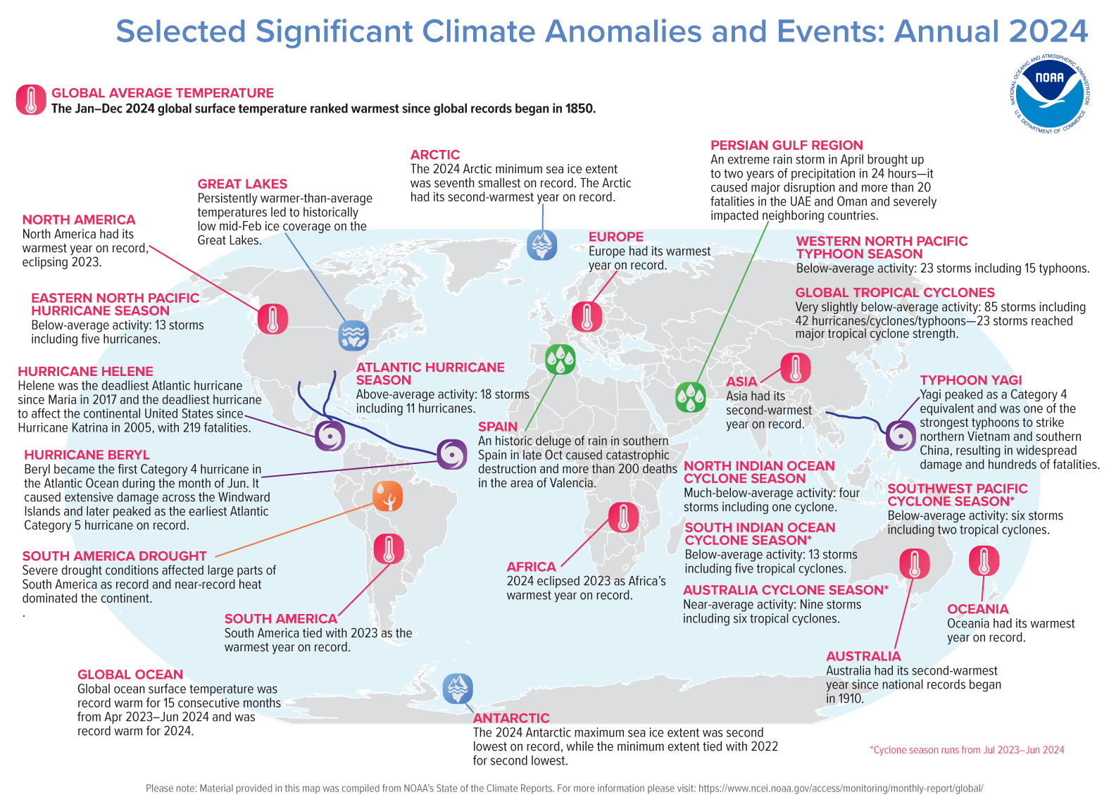 An annotated map of the world plotted with the year's most significant climate events. See the story below as well as the report summary from NOAA NCEI at&nbsp;http://bit.ly/Global202413.
