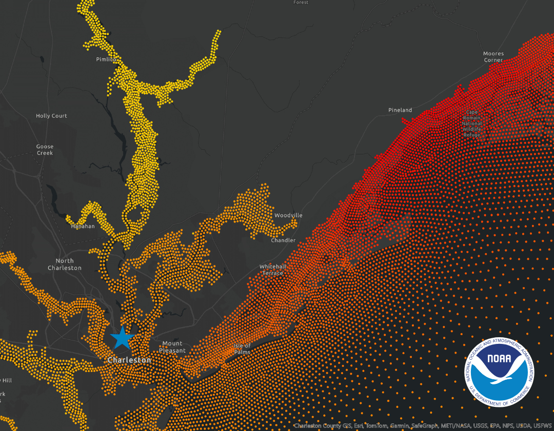 This image from CORA captures the full extent of maximum water levels in Charleston caused by Hurricane Hugo in 1989. Water level observations were only available from one location, a tide gauge represented by the blue star in the image. The CORA dataset fills gaps in water level data between tide stations. Each dot has a value. Red dots along the coastline show the storm’s extreme water levels at landfall. The orange and yellow dots show the full extent of inland flooding caused by the storm.&nbsp;By clicking o