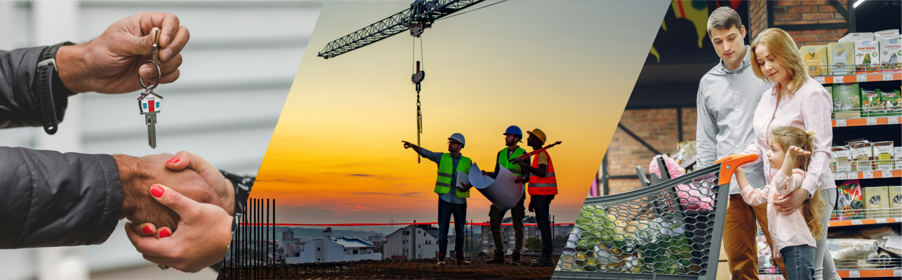 From left to right: (1) A man’s hand holds a key with a house icon above his other hand in a warm handshake with a woman. (2) Three people in construction high-vis jackets and hard hats stand on a rooftop at sunset overlooking a city skyline. One man holds schematics, another holds a tool, and the third points as the others look in that direction. Behind them is a construction crane. (3) A man, woman, and child push a grocery cart through a store. Behind them are shelves of products.