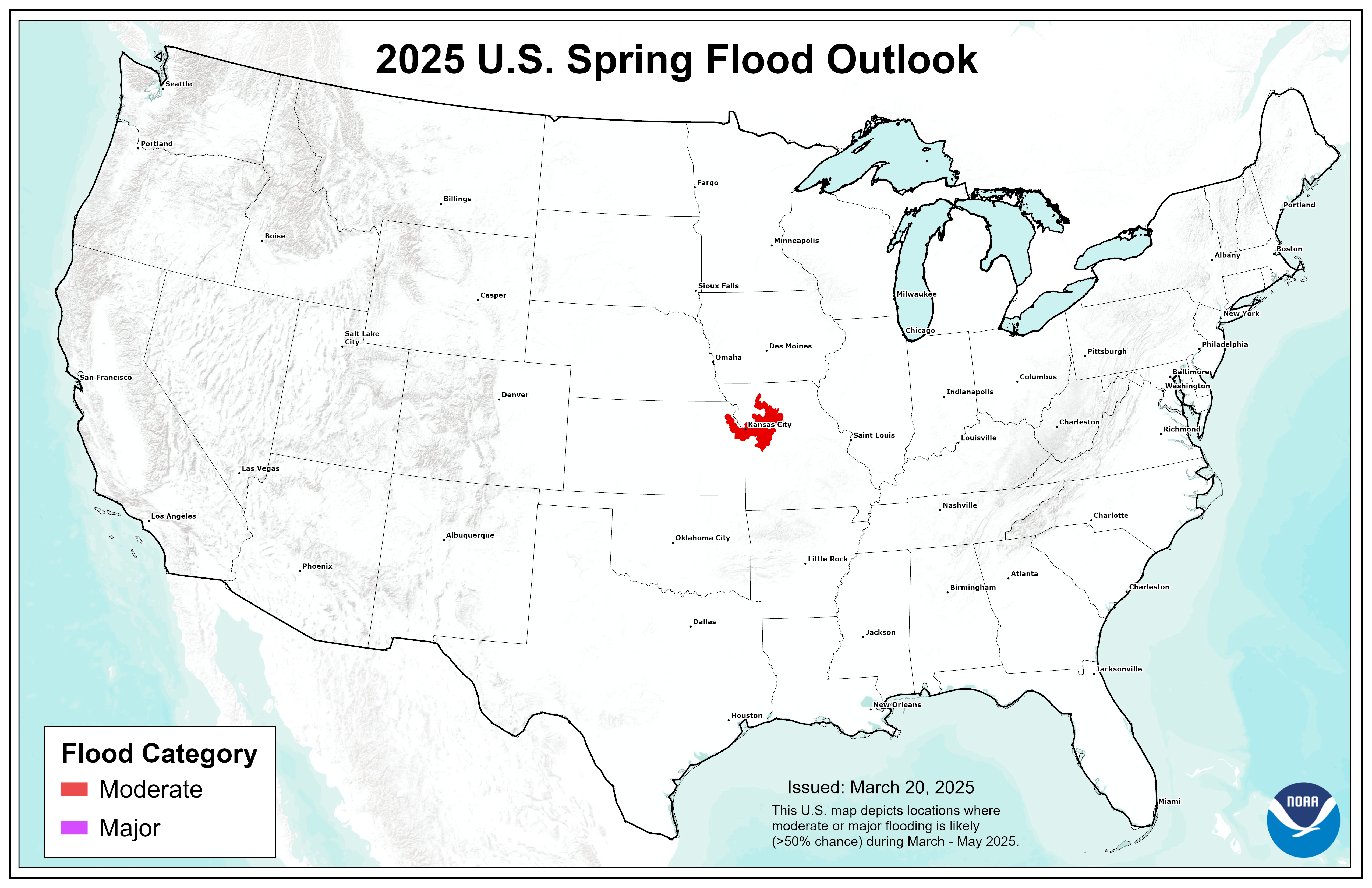 This map depicts the locations where there is a greater than 50% chance of moderate-to-major flooding during mid-March through mid-June, 2025.